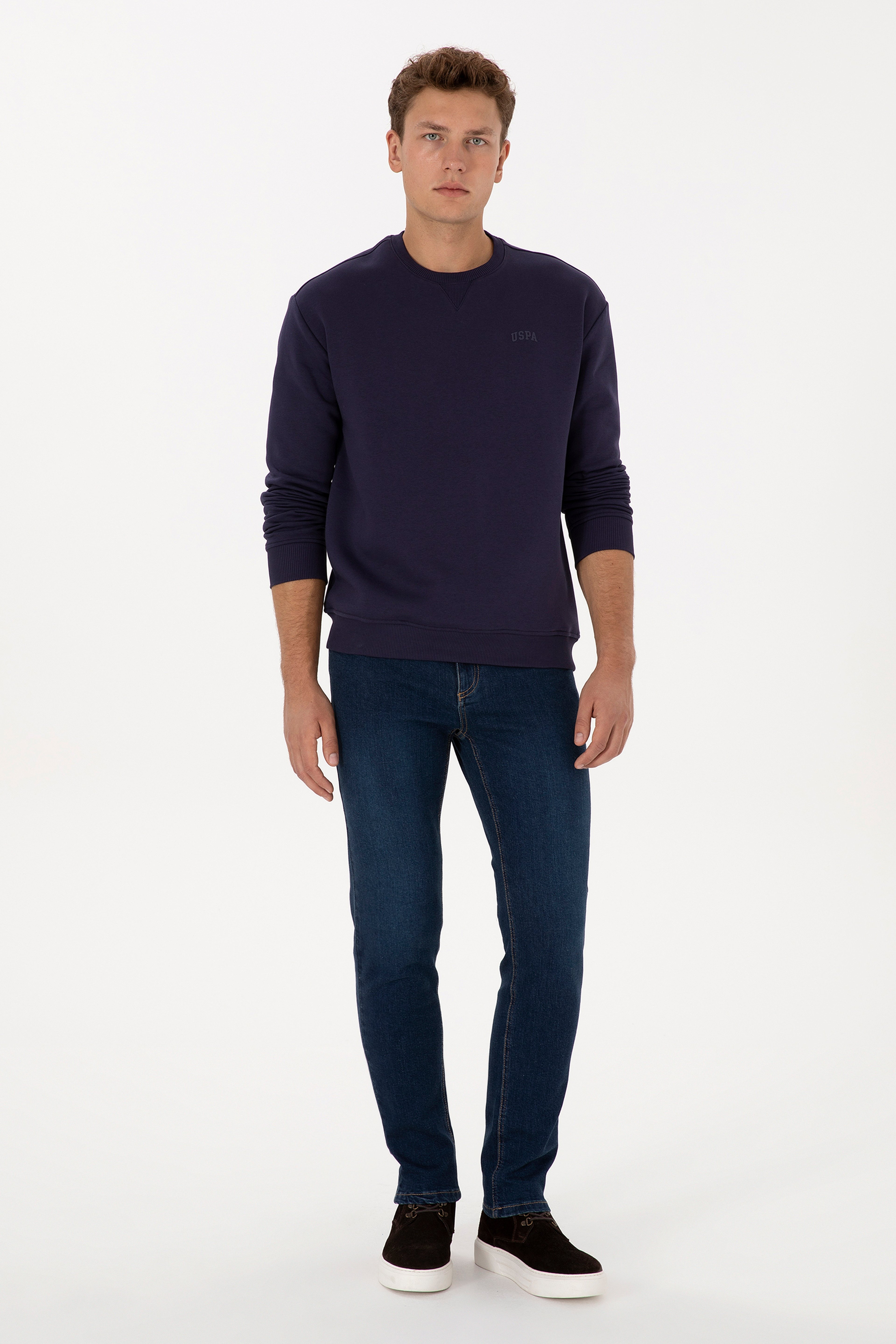 Erkek Comfort Fit Bisiklet Yaka Şardonlu Mürdüm Basic Sweatshirt - Image 4