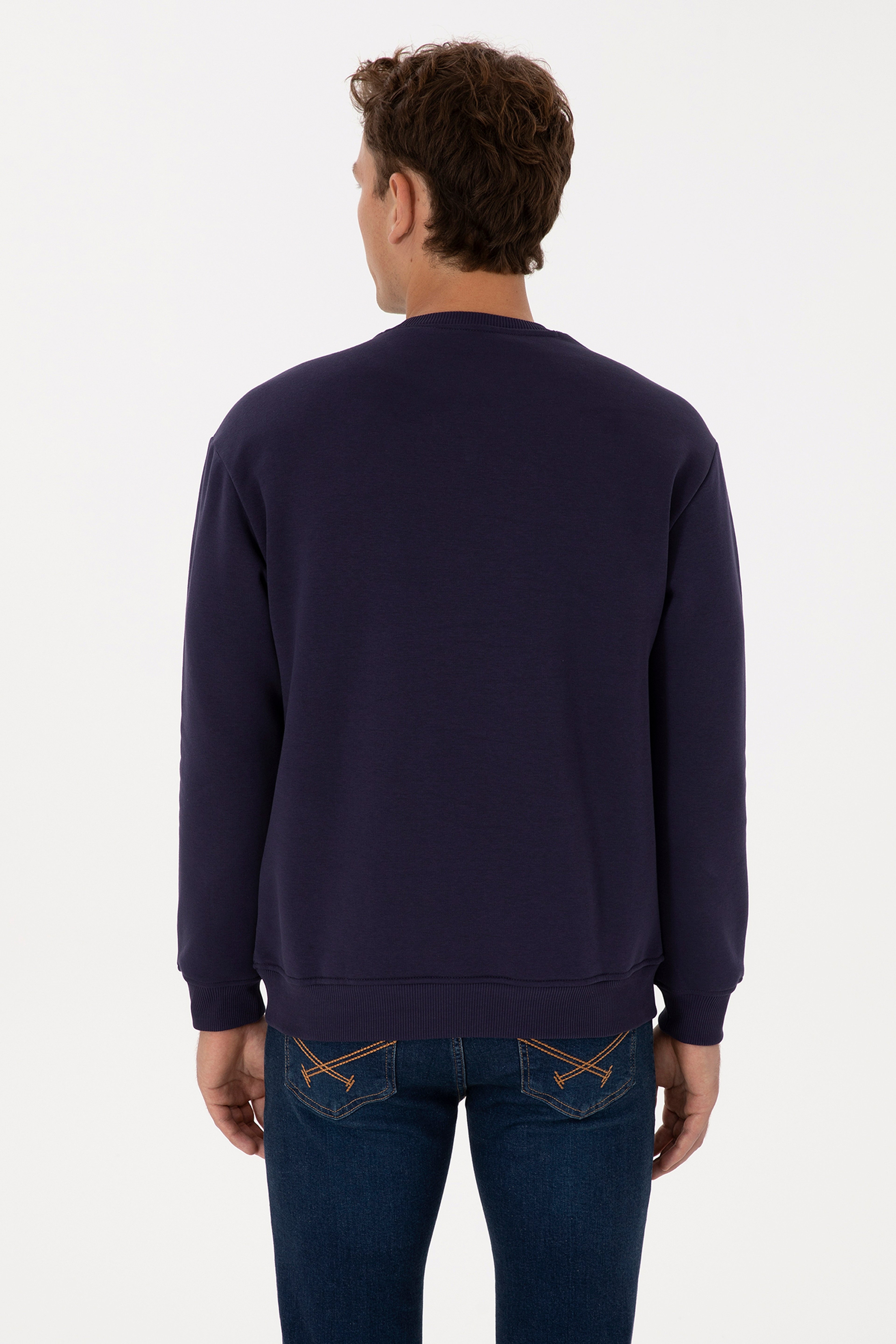 Erkek Comfort Fit Bisiklet Yaka Şardonlu Mürdüm Basic Sweatshirt - Image 5