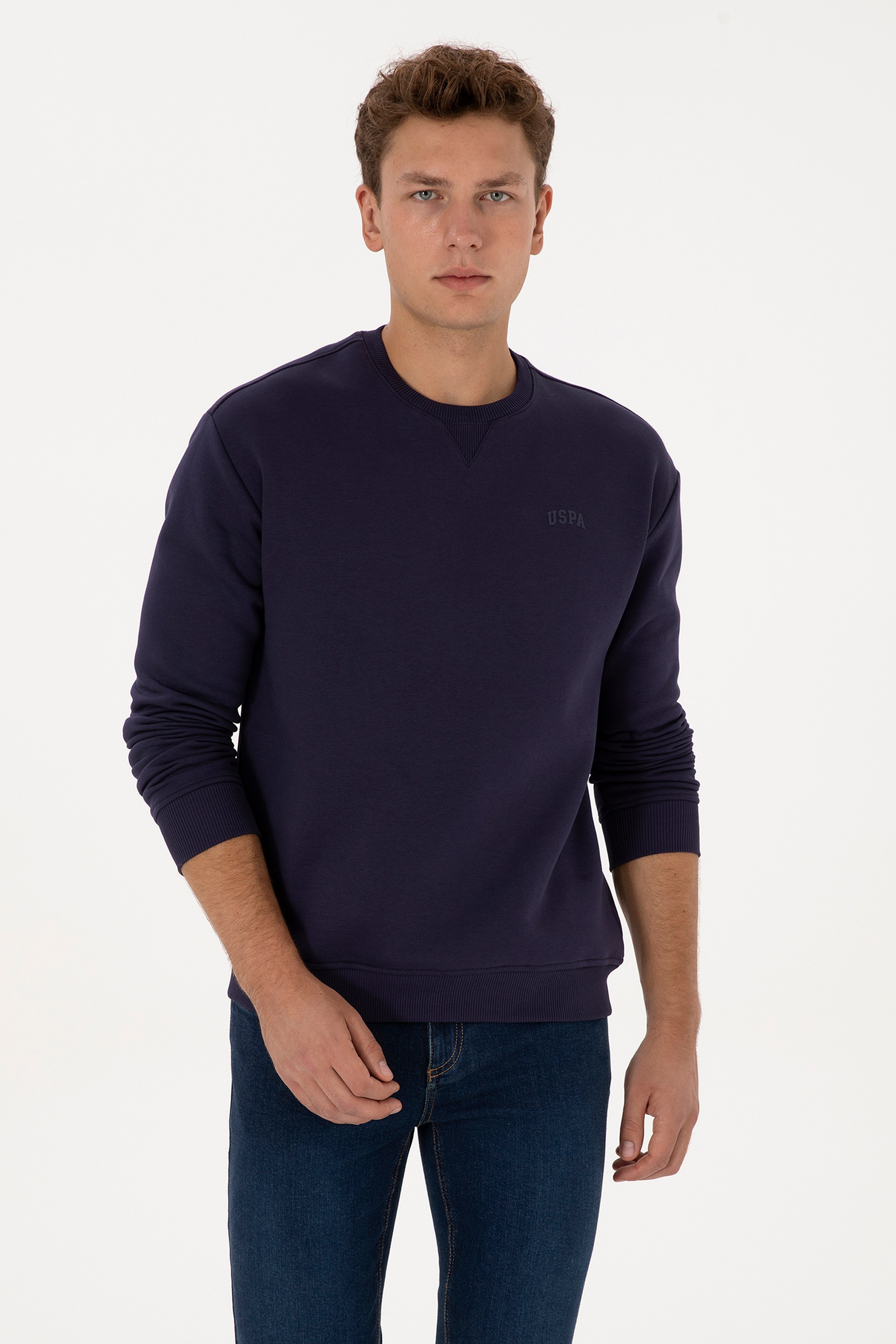 Erkek Comfort Fit Bisiklet Yaka Şardonlu Mürdüm Basic Sweatshirt