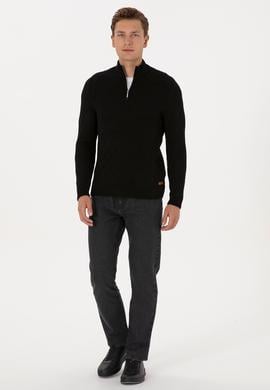 Erkek Regular Fit Yarım Fermuarlı Desenli Siyah Kazak - 50315035054