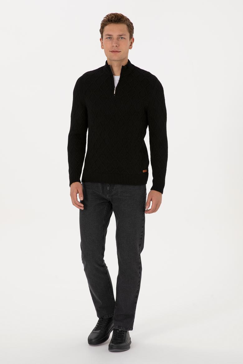 Erkek Regular Fit Yarım Fermuarlı Desenli Siyah Kazak - 50315035054