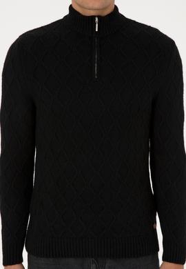 Erkek Regular Fit Yarım Fermuarlı Desenli Siyah Kazak - 50315035054