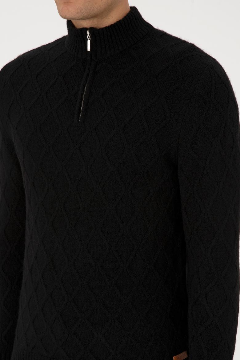 Erkek Regular Fit Yarım Fermuarlı Desenli Siyah Kazak - 50315035054