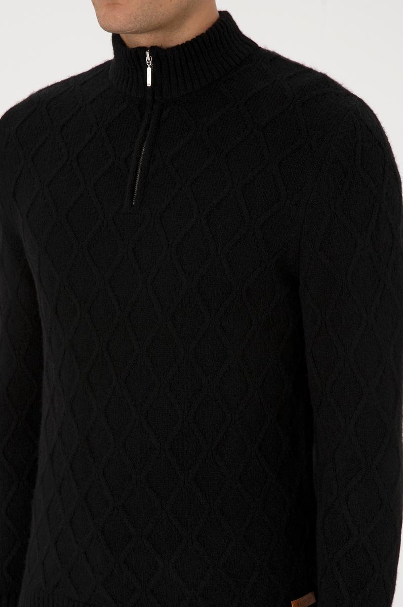 Erkek Regular Fit Yarım Fermuarlı Desenli Siyah Kazak