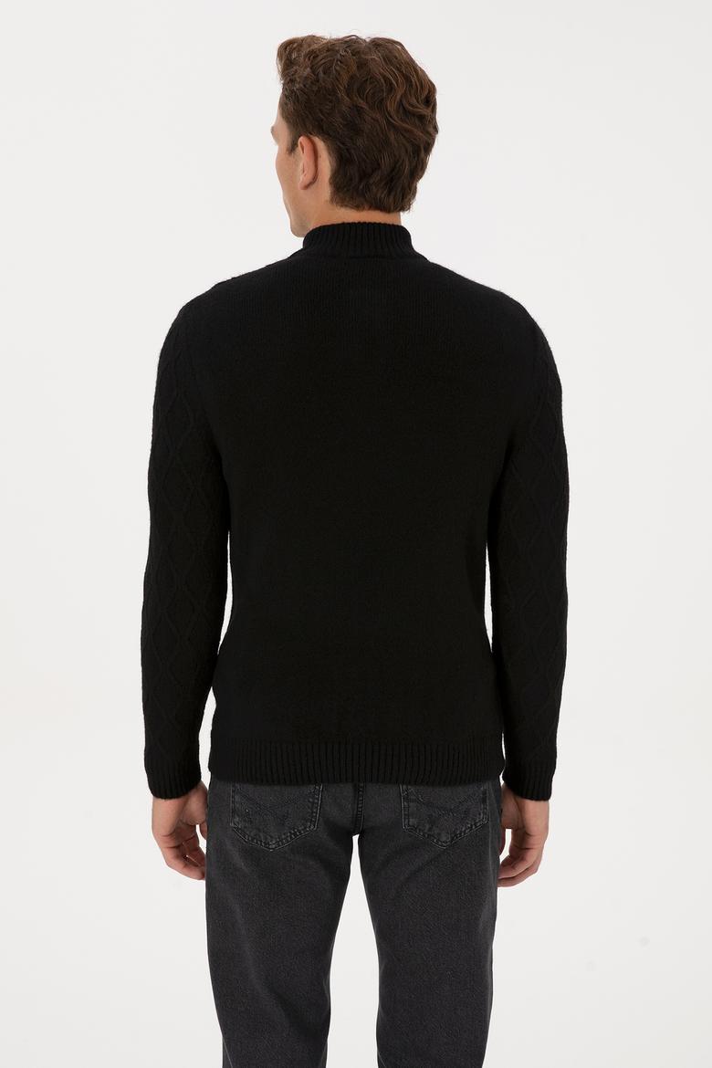 Erkek Regular Fit Yarım Fermuarlı Desenli Siyah Kazak - 50315035054