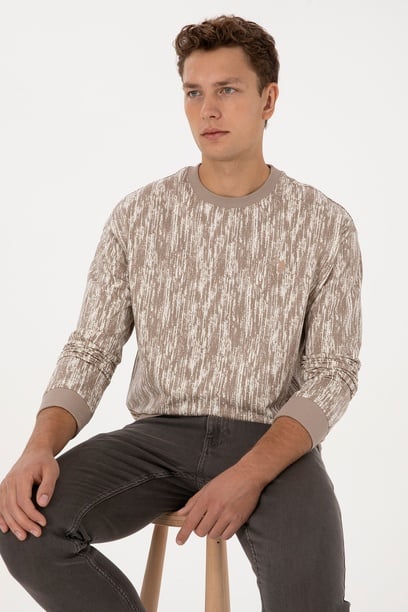 Erkek Regular Fit Bisiklet Yaka Koyu Bej Sweatshirt