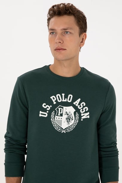 Erkek Regular Fit Bisiklet Yaka Koyu Yeşil Sweatshirt