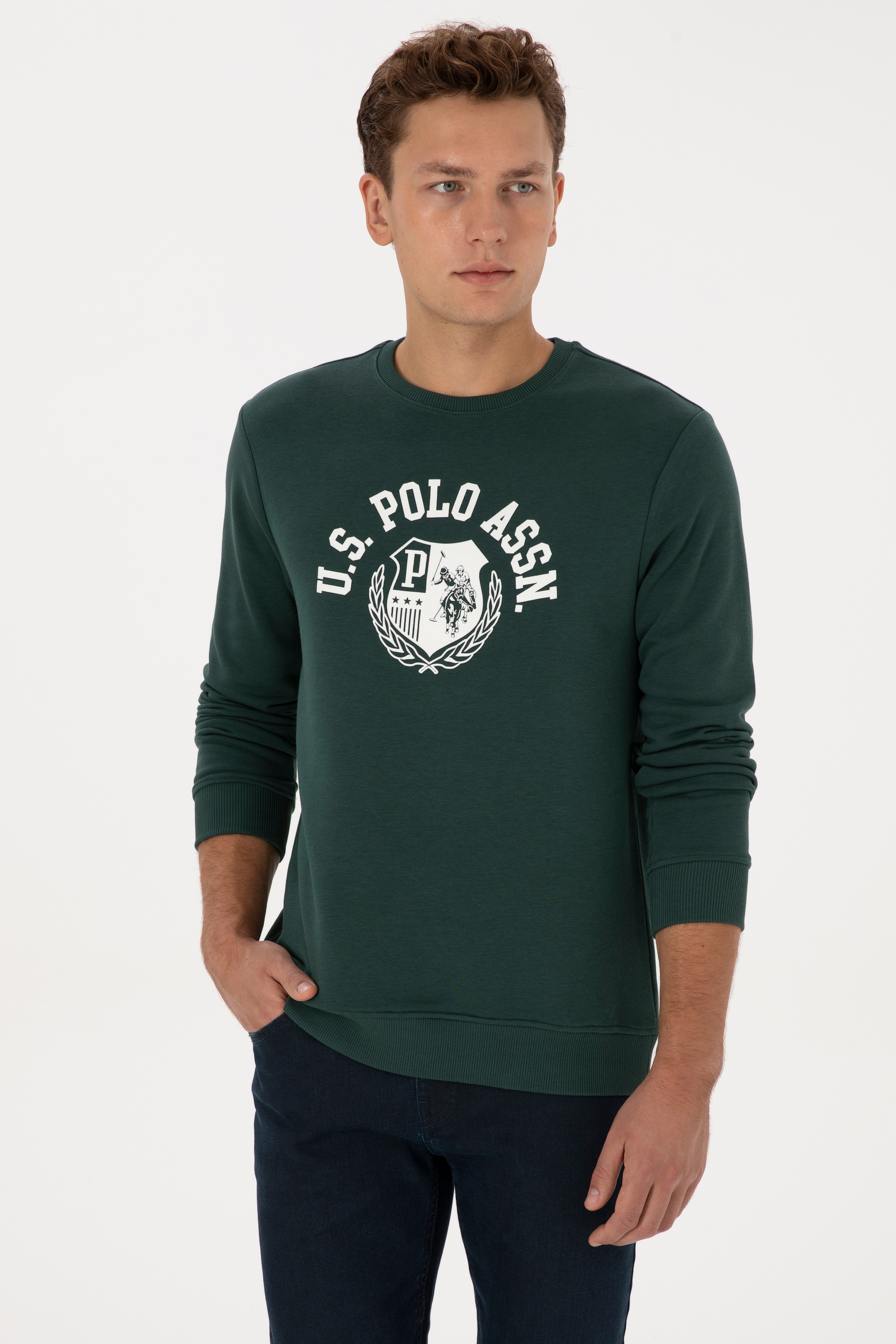 Erkek Regular Fit Bisiklet Yaka Koyu Yeşil Sweatshirt