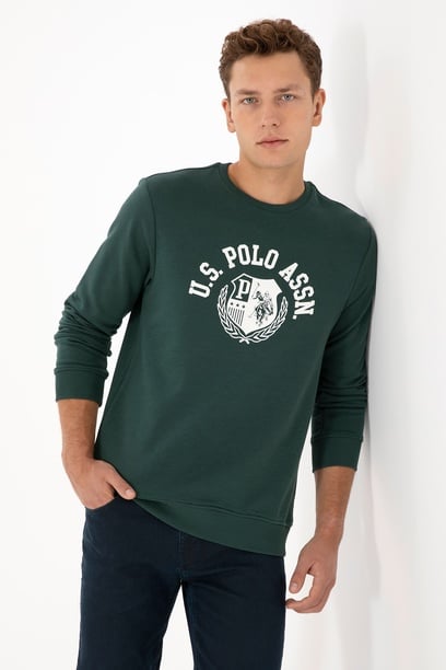 Erkek Regular Fit Bisiklet Yaka Koyu Yeşil Sweatshirt