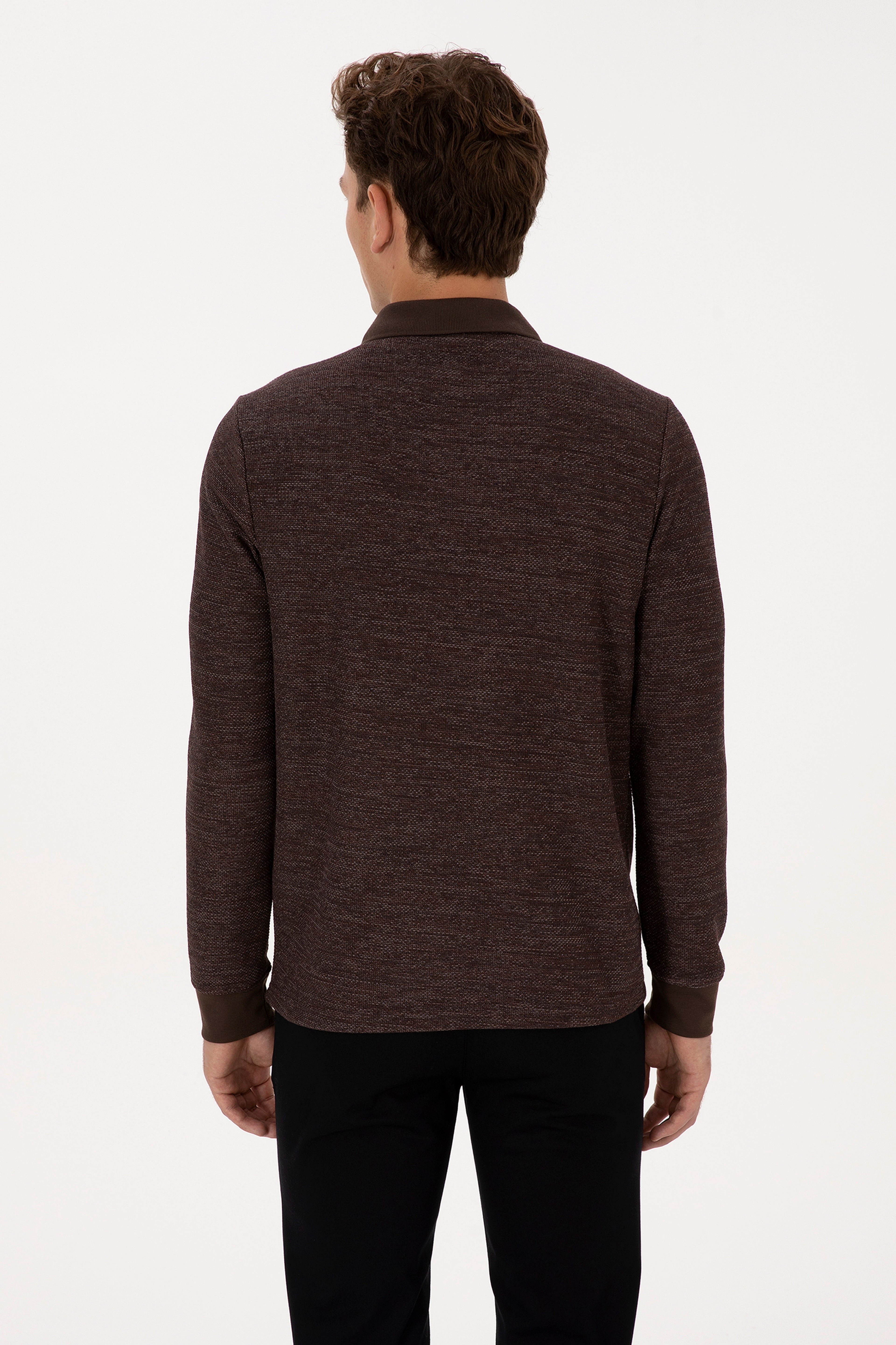Erkek Regular Fit Polo Yaka Kahverengi Basic Sweatshirt