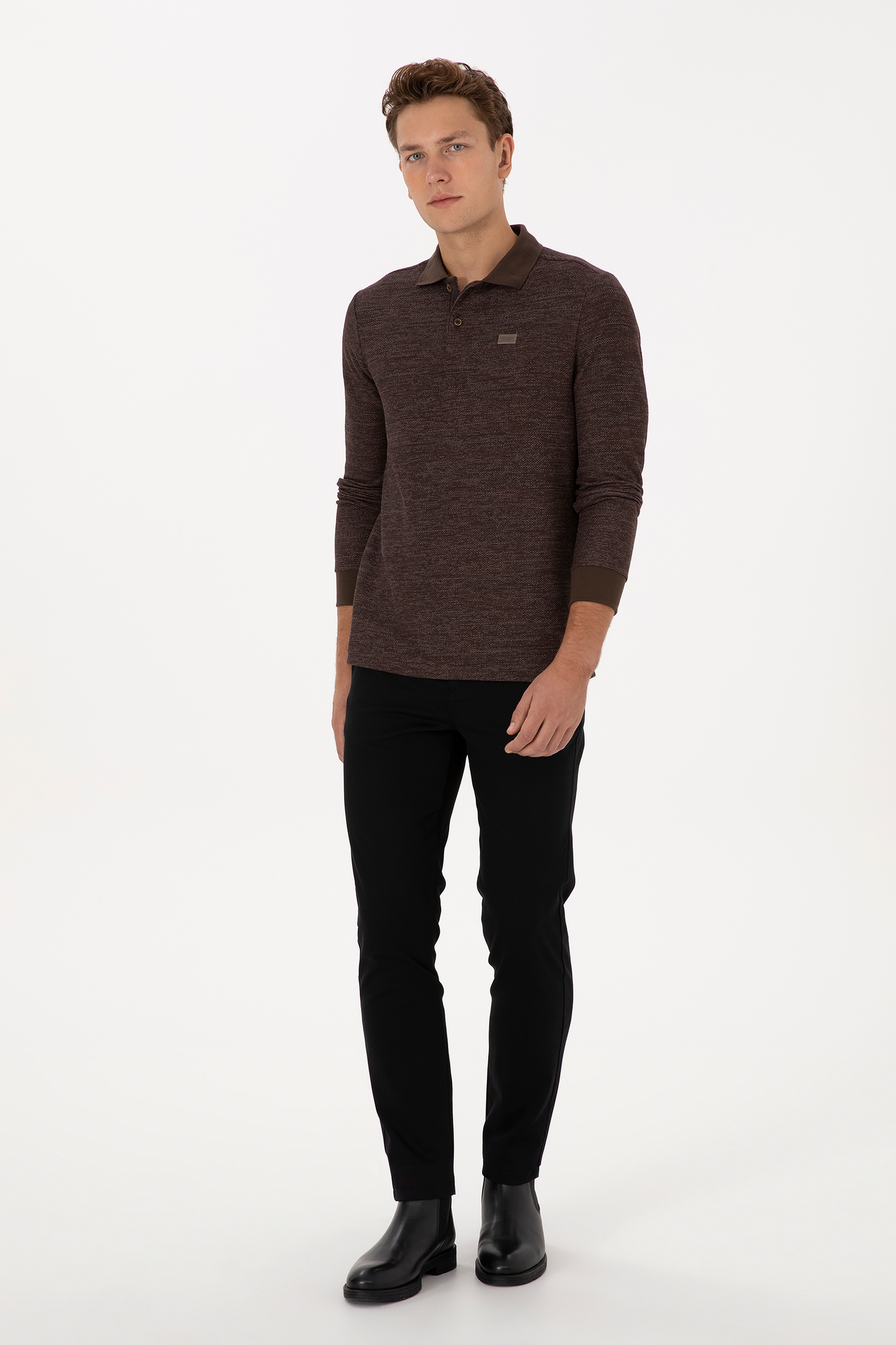 Erkek Regular Fit Polo Yaka Kahverengi Basic Sweatshirt - Image 4