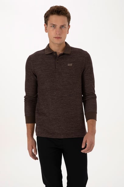 Erkek Regular Fit Polo Yaka Kahverengi Basic Sweatshirt