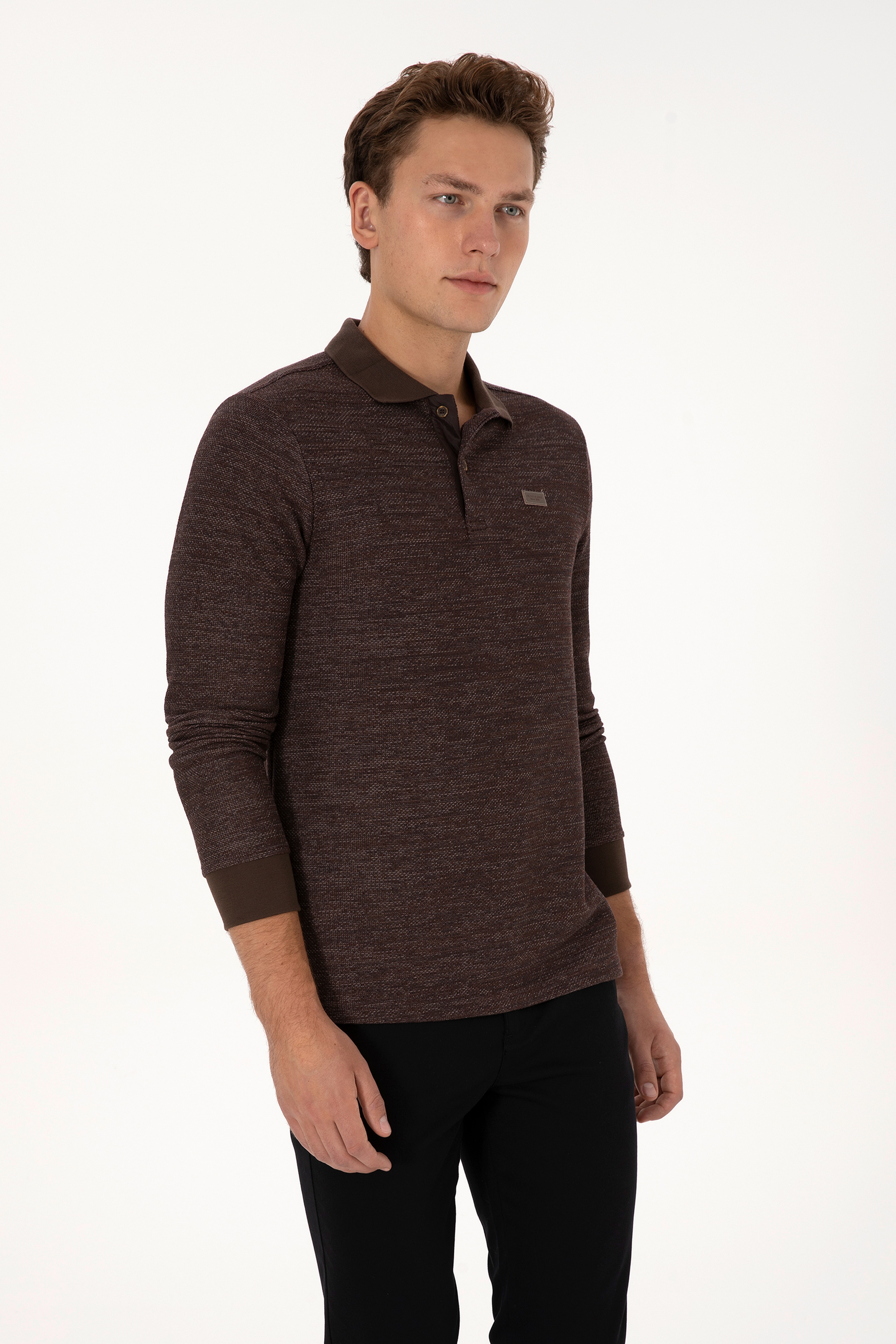 Erkek Regular Fit Polo Yaka Kahverengi Basic Sweatshirt