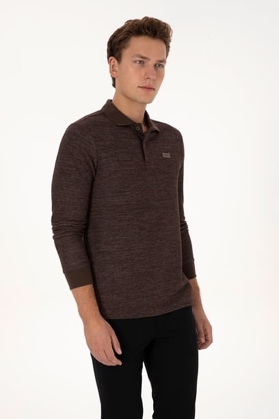 Erkek Regular Fit Polo Yaka Kahverengi Basic Sweatshirt