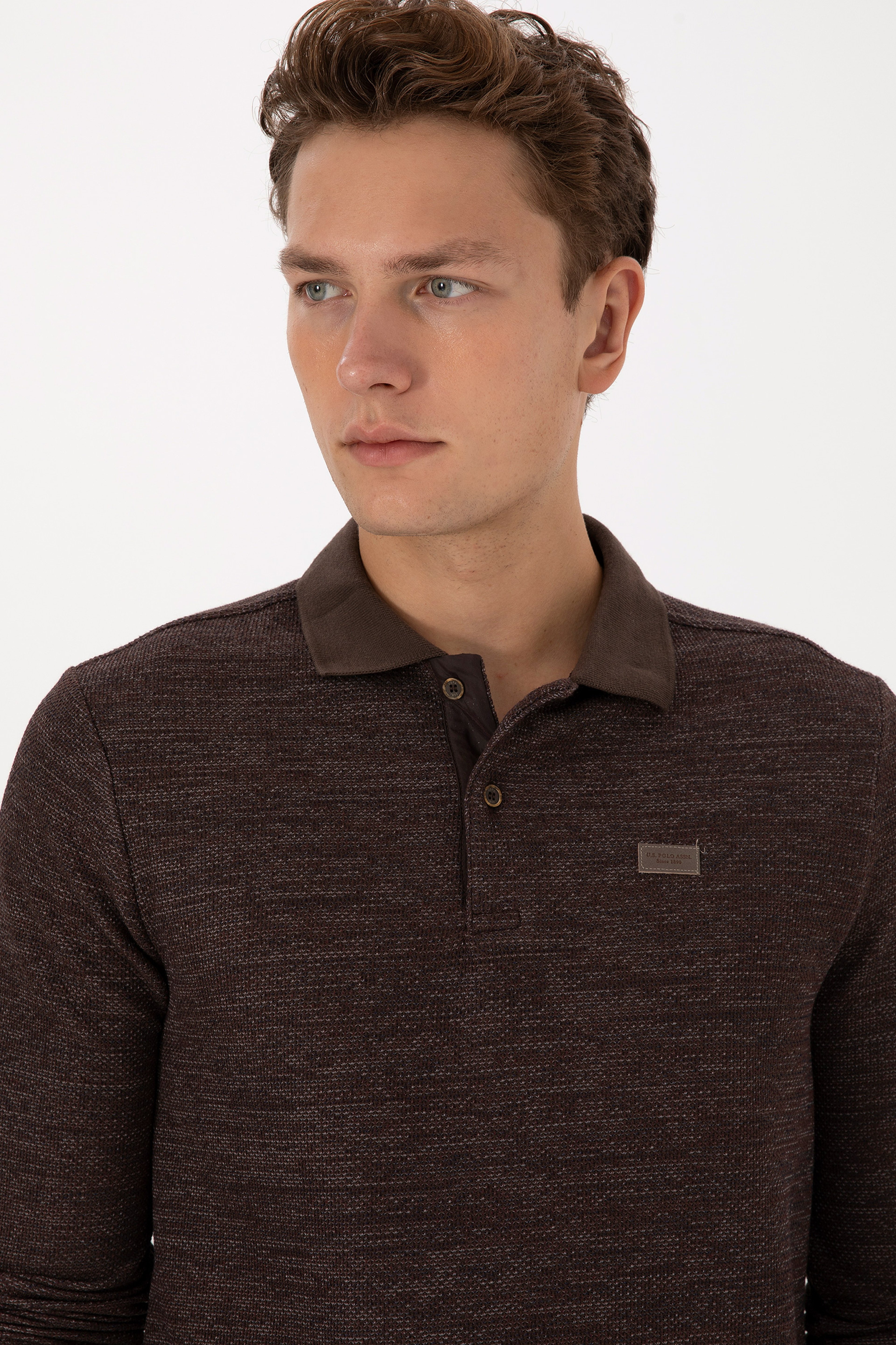 Erkek Regular Fit Polo Yaka Kahverengi Basic Sweatshirt