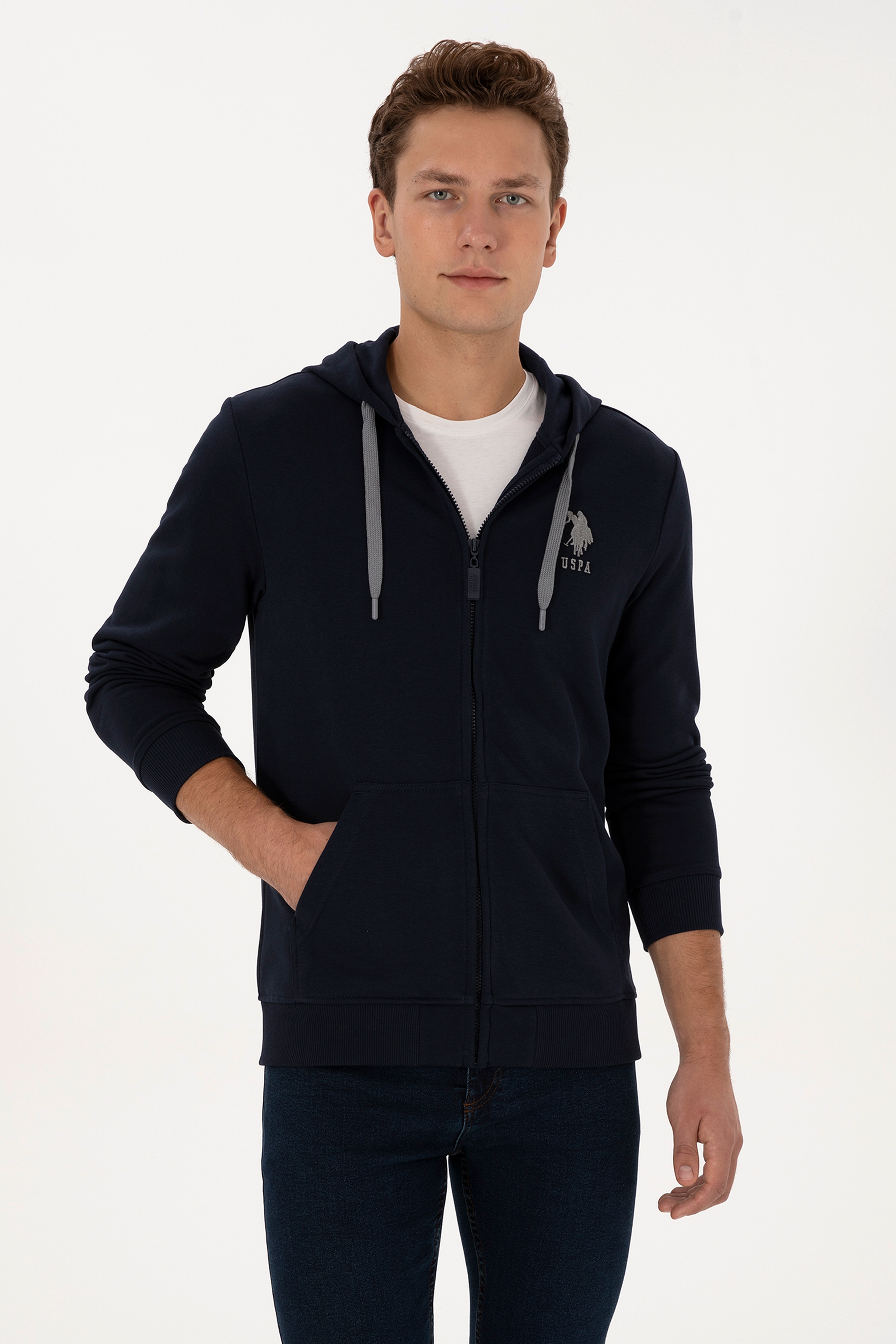 Erkek Regular Fit Regular Fit Fermuarlı Kapüşonlu Lacivert Örme Hırka - Image 1