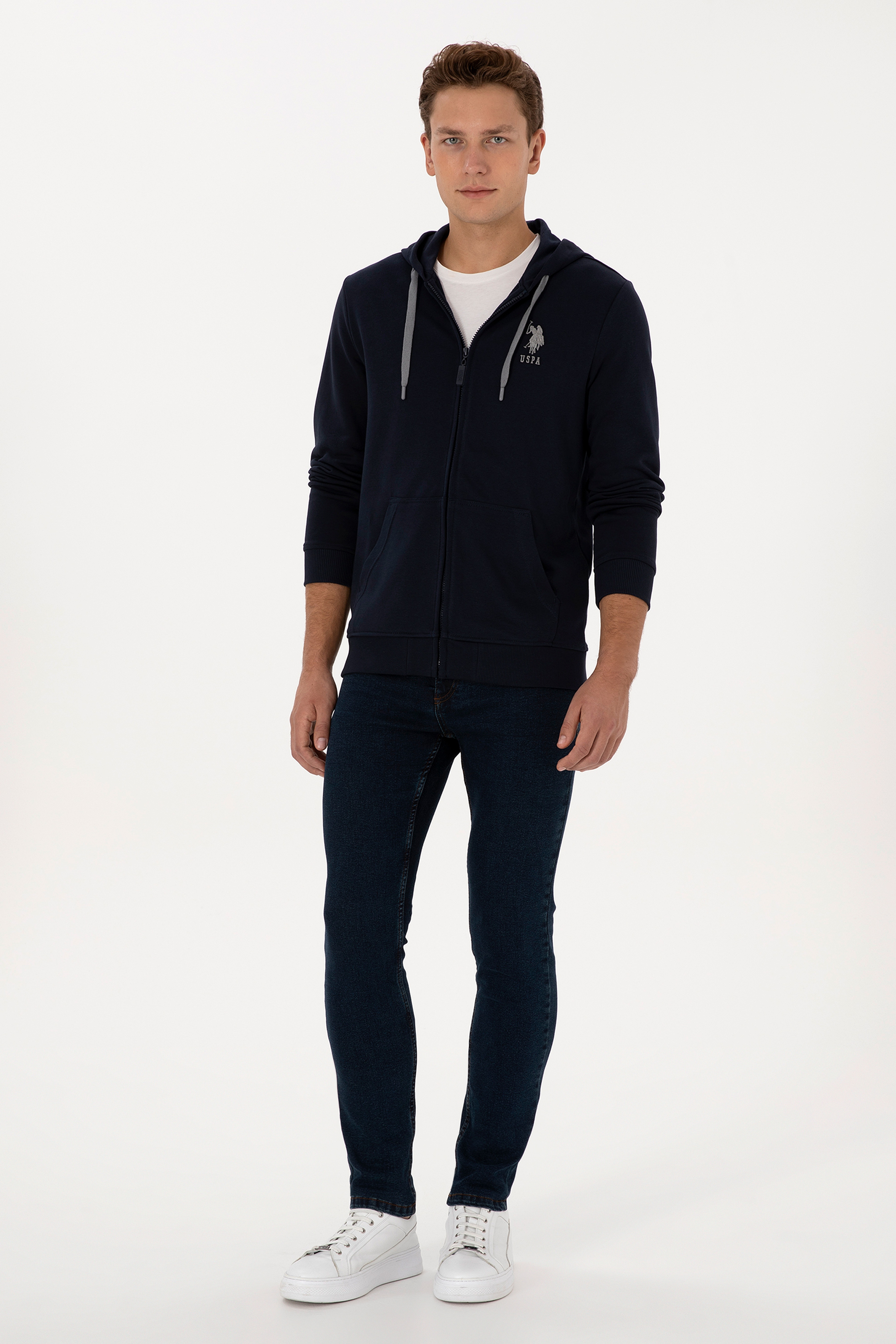 Erkek Regular Fit Regular Fit Fermuarlı Kapüşonlu Lacivert Örme Hırka - Image 4