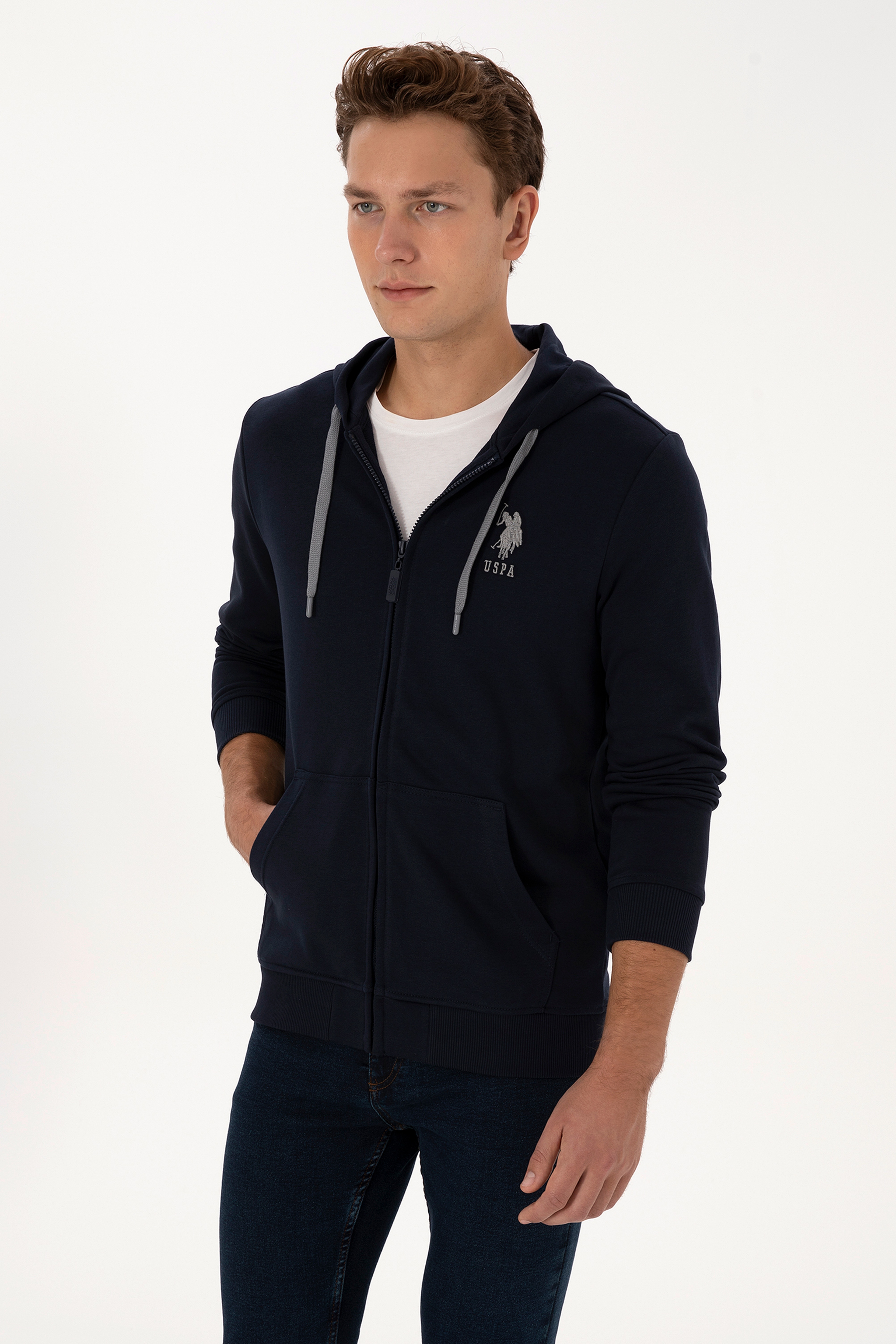 Erkek Regular Fit Regular Fit Fermuarlı Kapüşonlu Lacivert Örme Hırka - Image 3