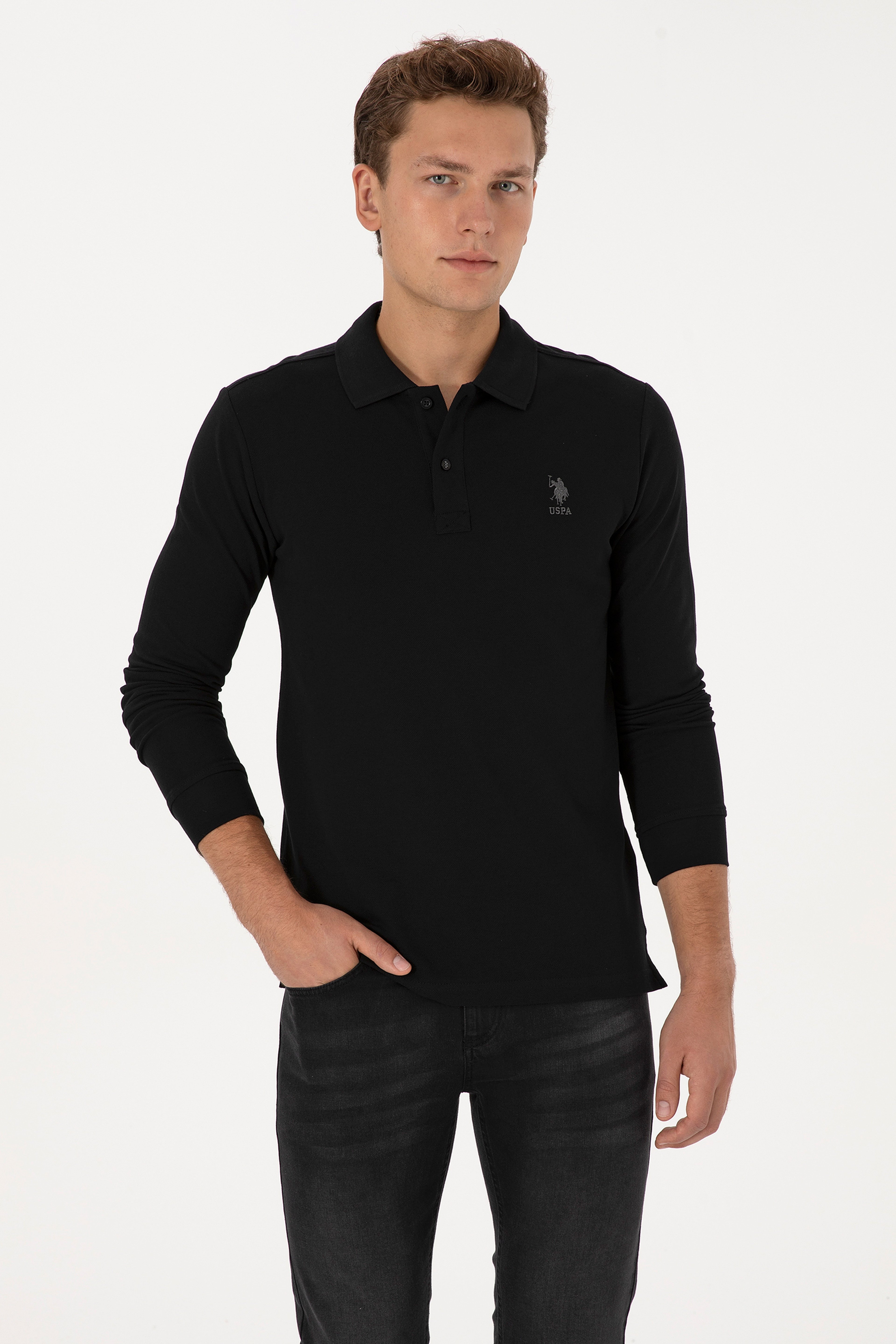 Erkek Slim Fit Polo Yaka Siyah Basic Sweatshirt - Image 1