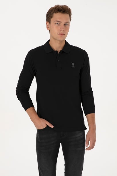 Erkek Slim Fit Polo Yaka Siyah Basic Sweatshirt
