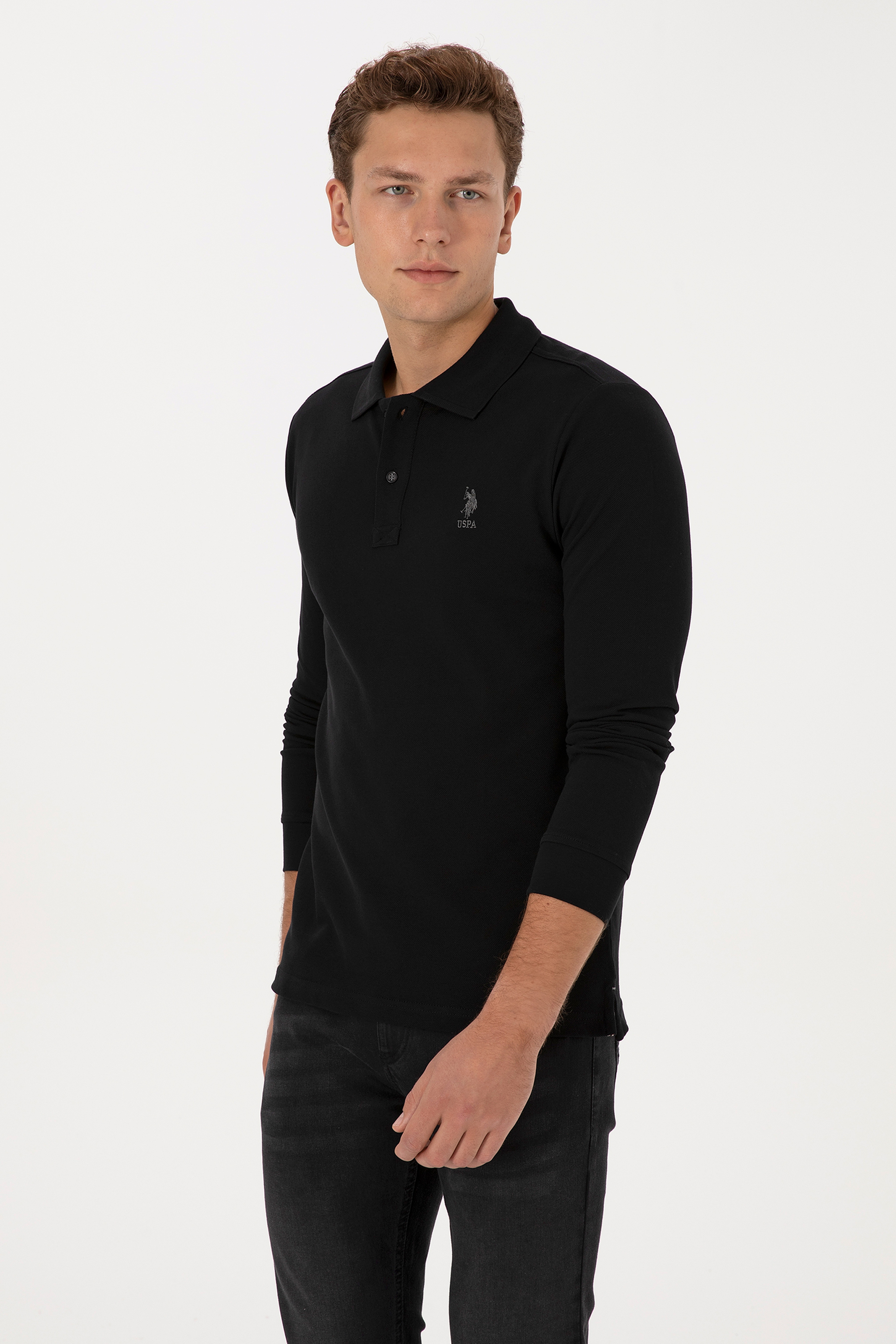 Erkek Slim Fit Polo Yaka Siyah Basic Sweatshirt - Image 3