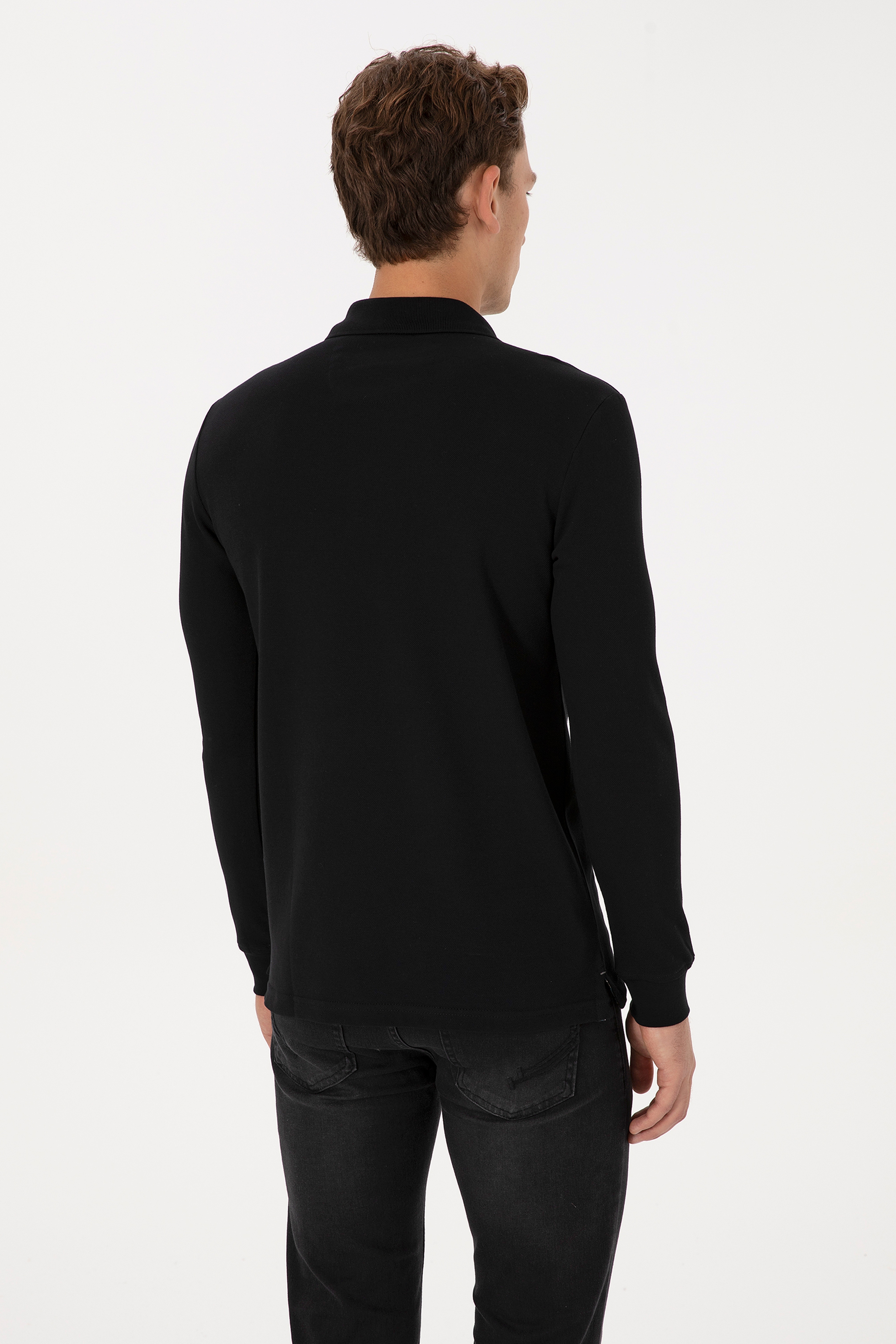 Erkek Slim Fit Polo Yaka Siyah Basic Sweatshirt - Image 5