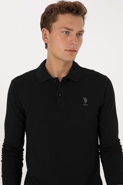 Erkek Slim Fit Polo Yaka Siyah Basic Sweatshirt