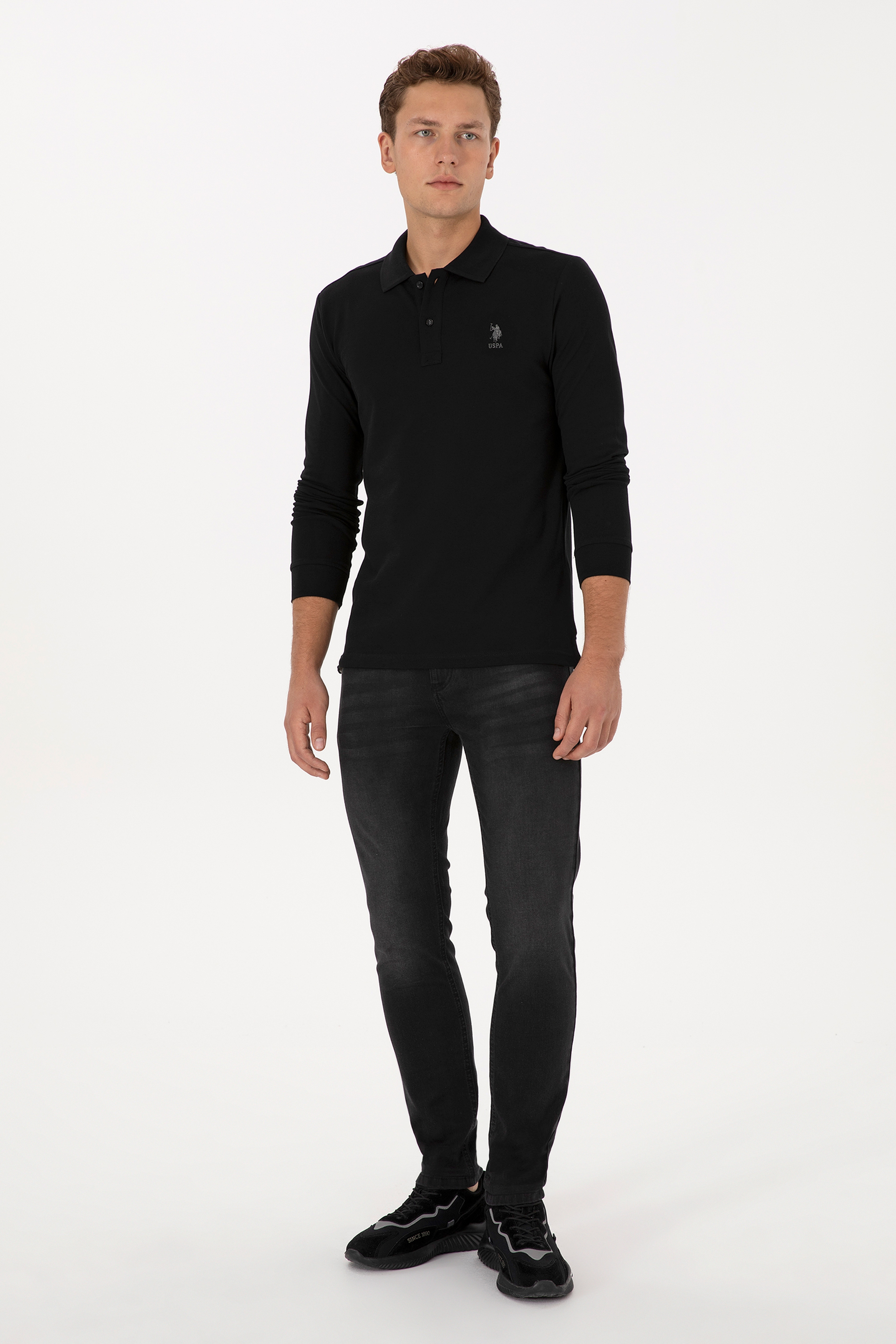 Erkek Slim Fit Polo Yaka Siyah Basic Sweatshirt - Image 4