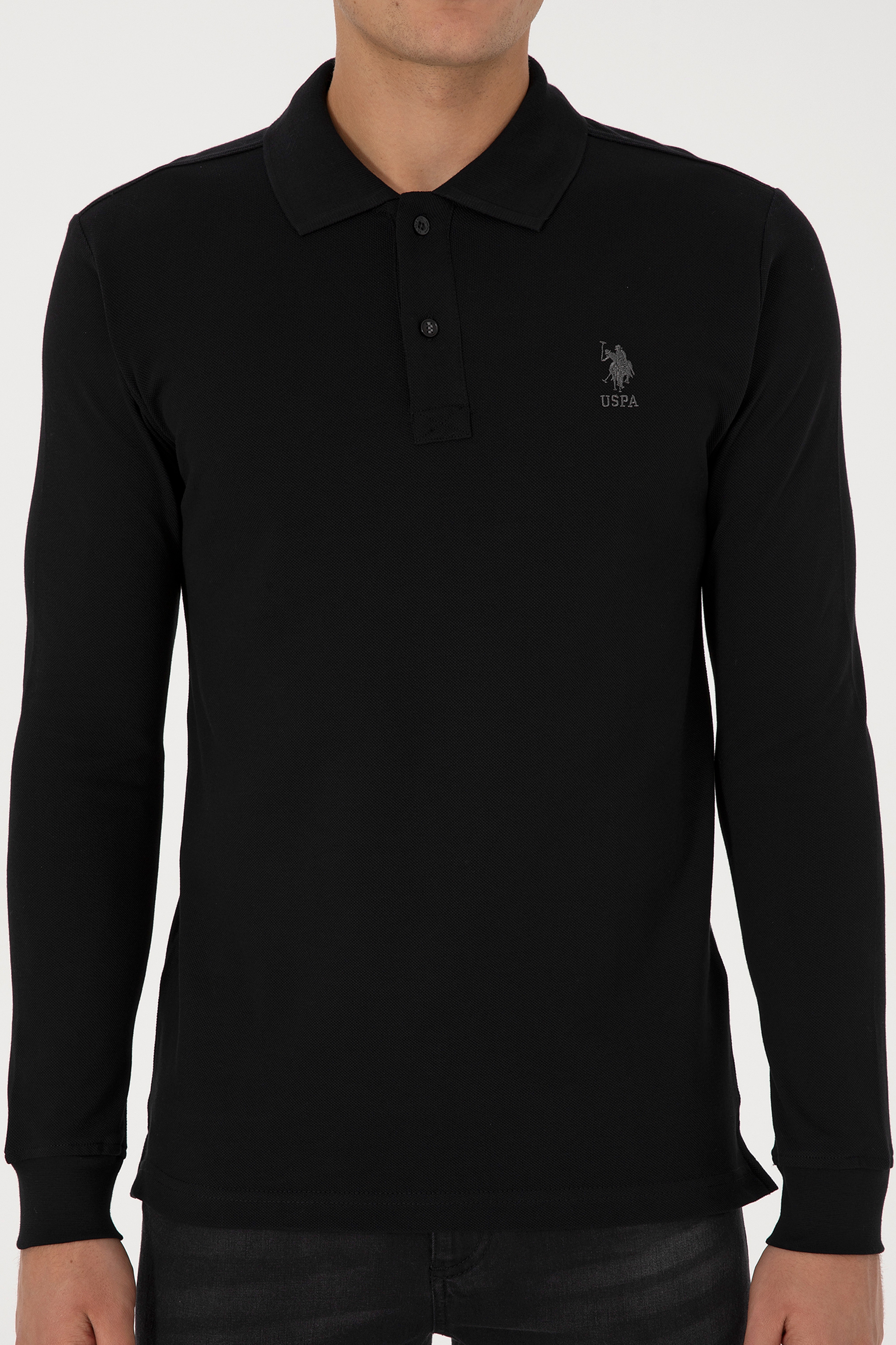 Erkek Slim Fit Polo Yaka Siyah Basic Sweatshirt - Image 6