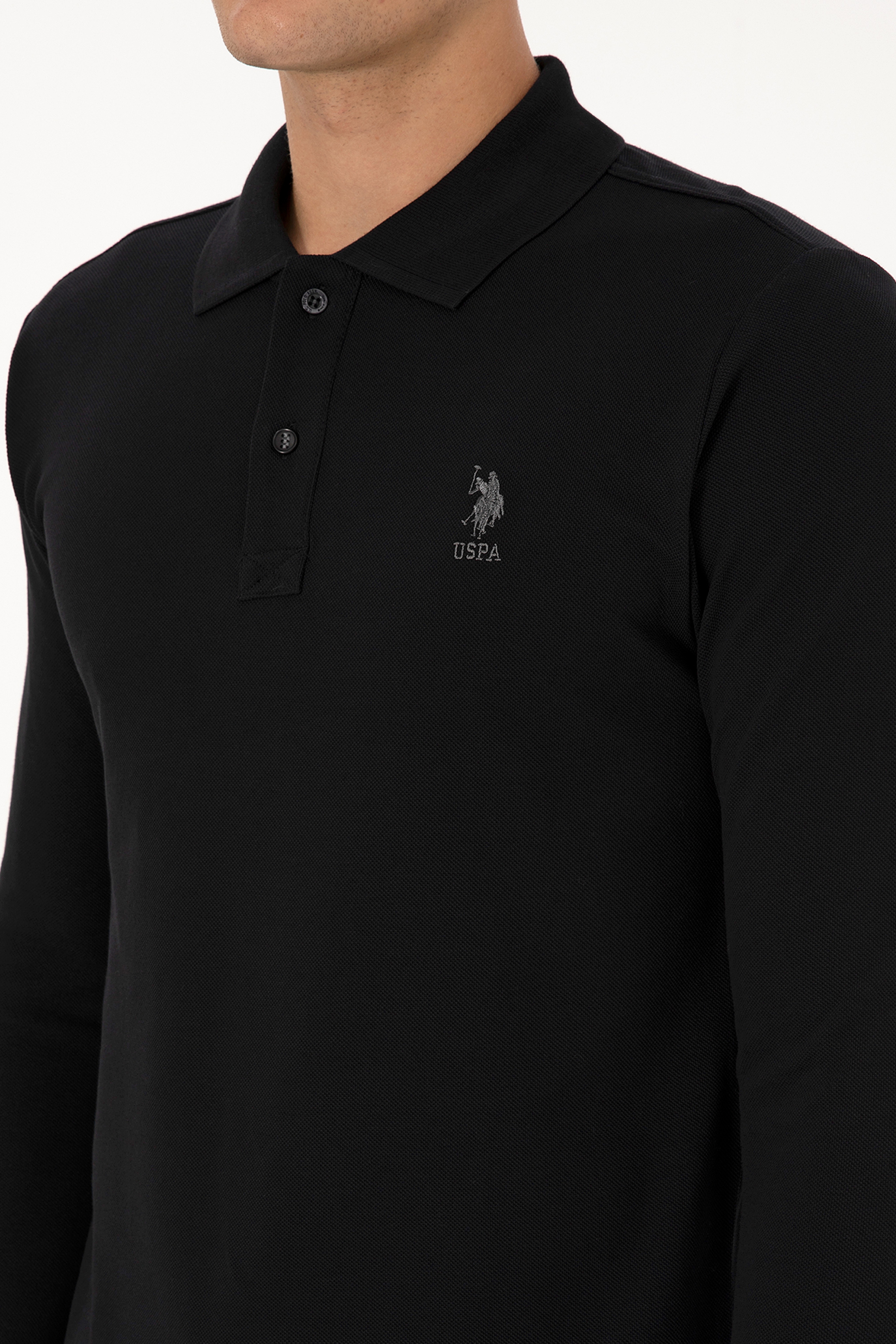 Erkek Slim Fit Polo Yaka Siyah Basic Sweatshirt