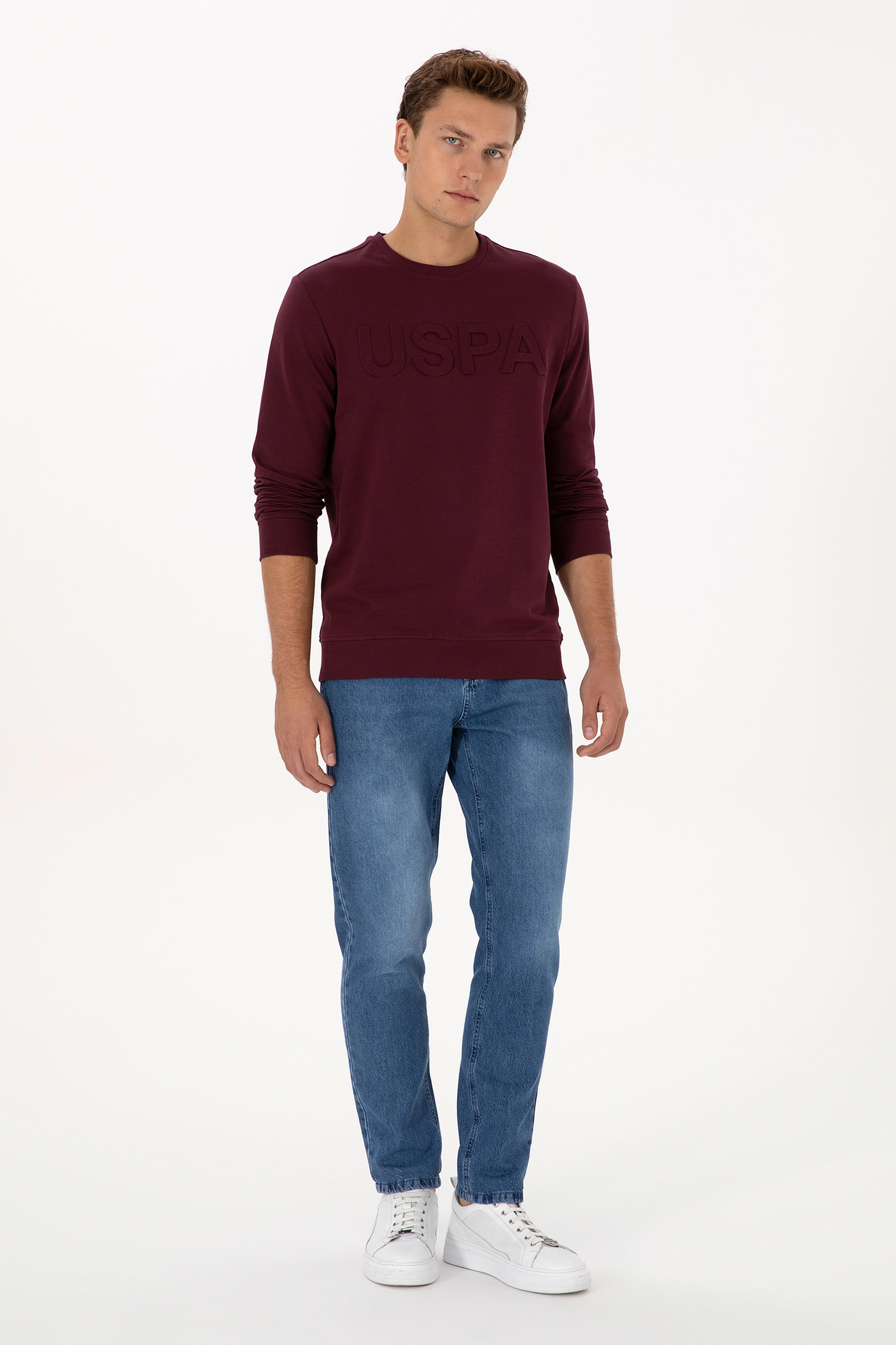 Erkek Regular Fit Bisiklet Yaka Bordo Basic Sweatshirt