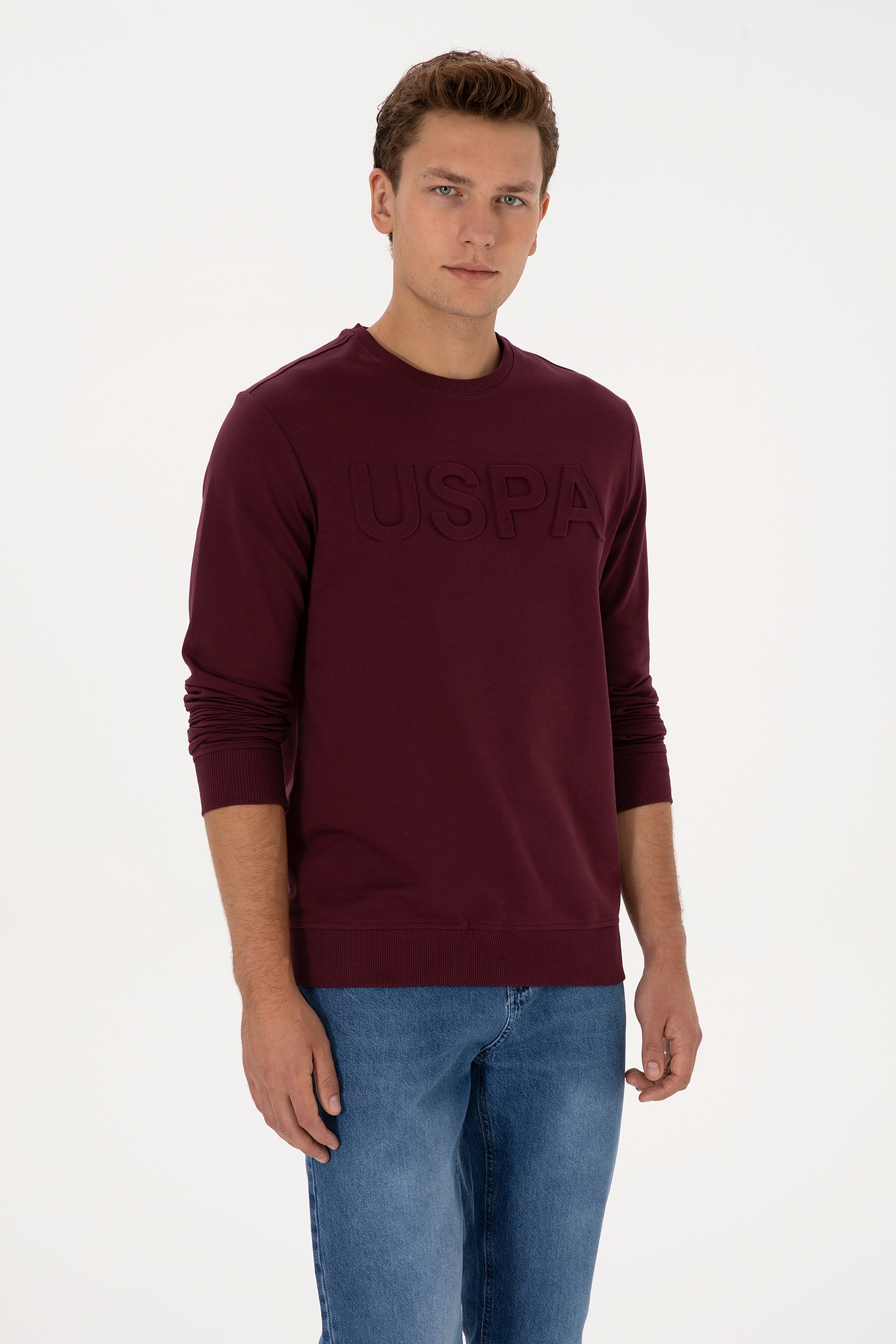 Erkek Regular Fit Bisiklet Yaka Bordo Basic Sweatshirt - Image 3