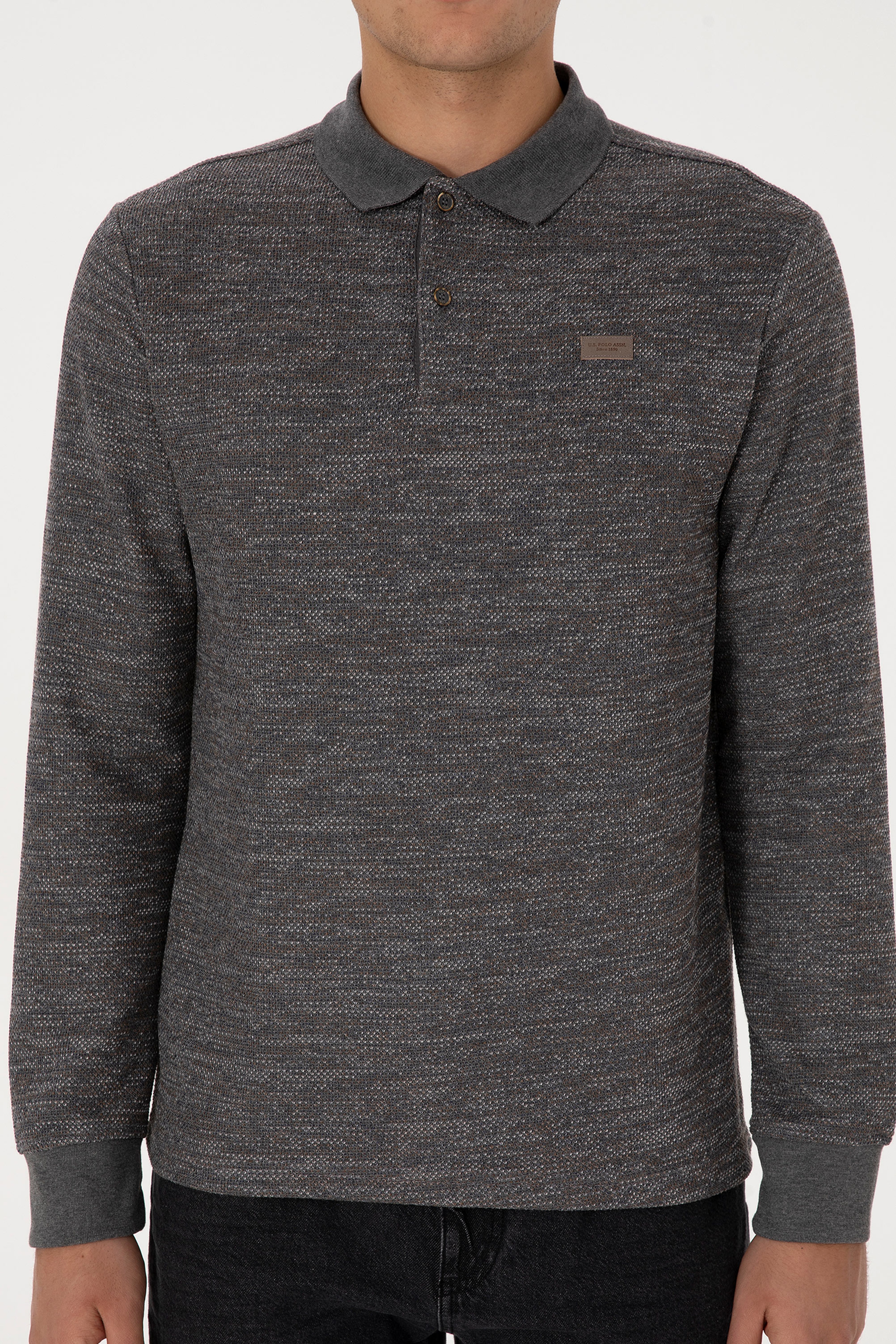 Erkek Regular Fit Polo Yaka Gri Melanj Basic Sweatshirt