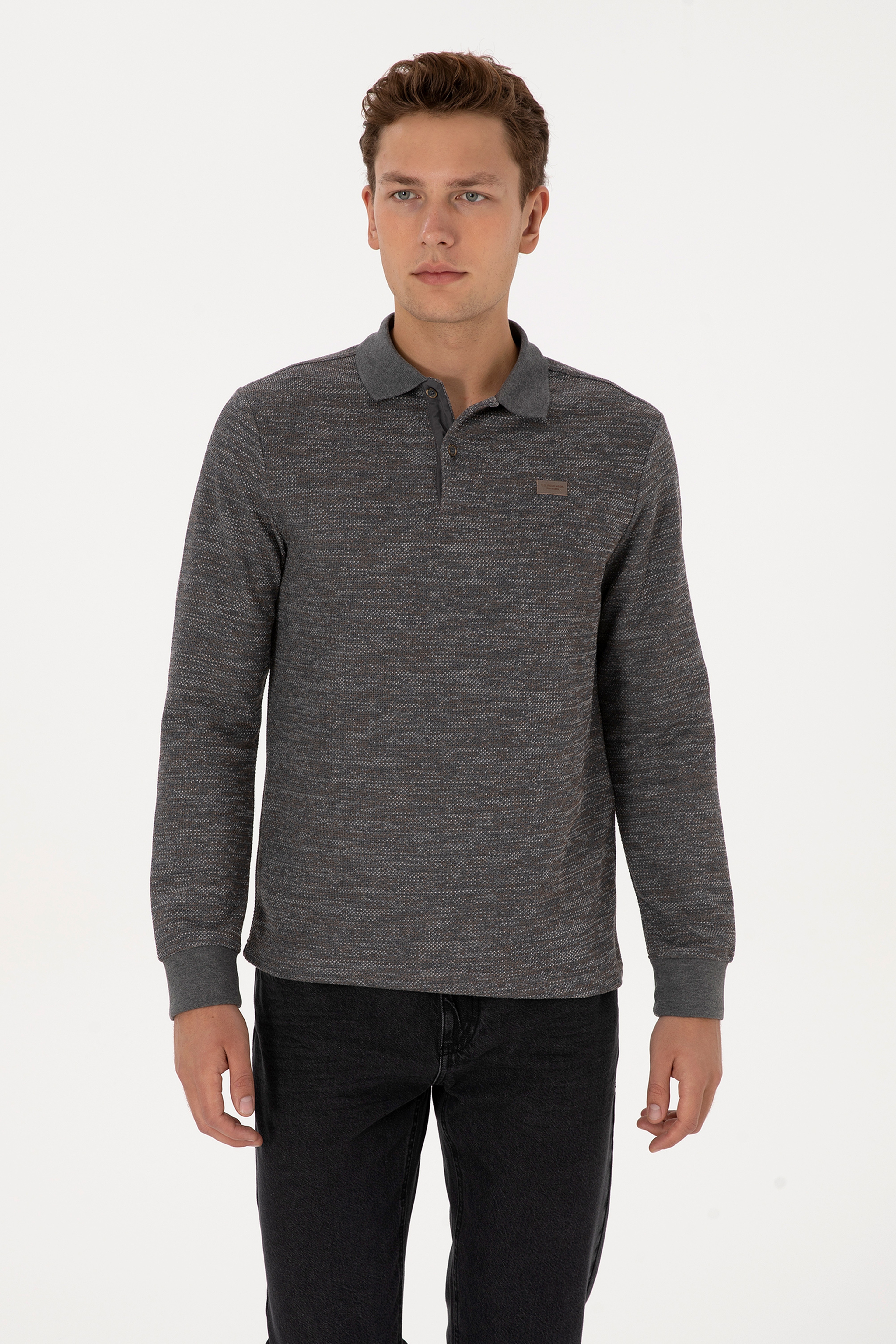 Erkek Regular Fit Polo Yaka Gri Melanj Basic Sweatshirt