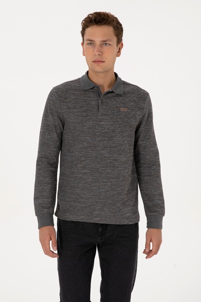 Erkek Regular Fit Polo Yaka Gri Melanj Basic Sweatshirt