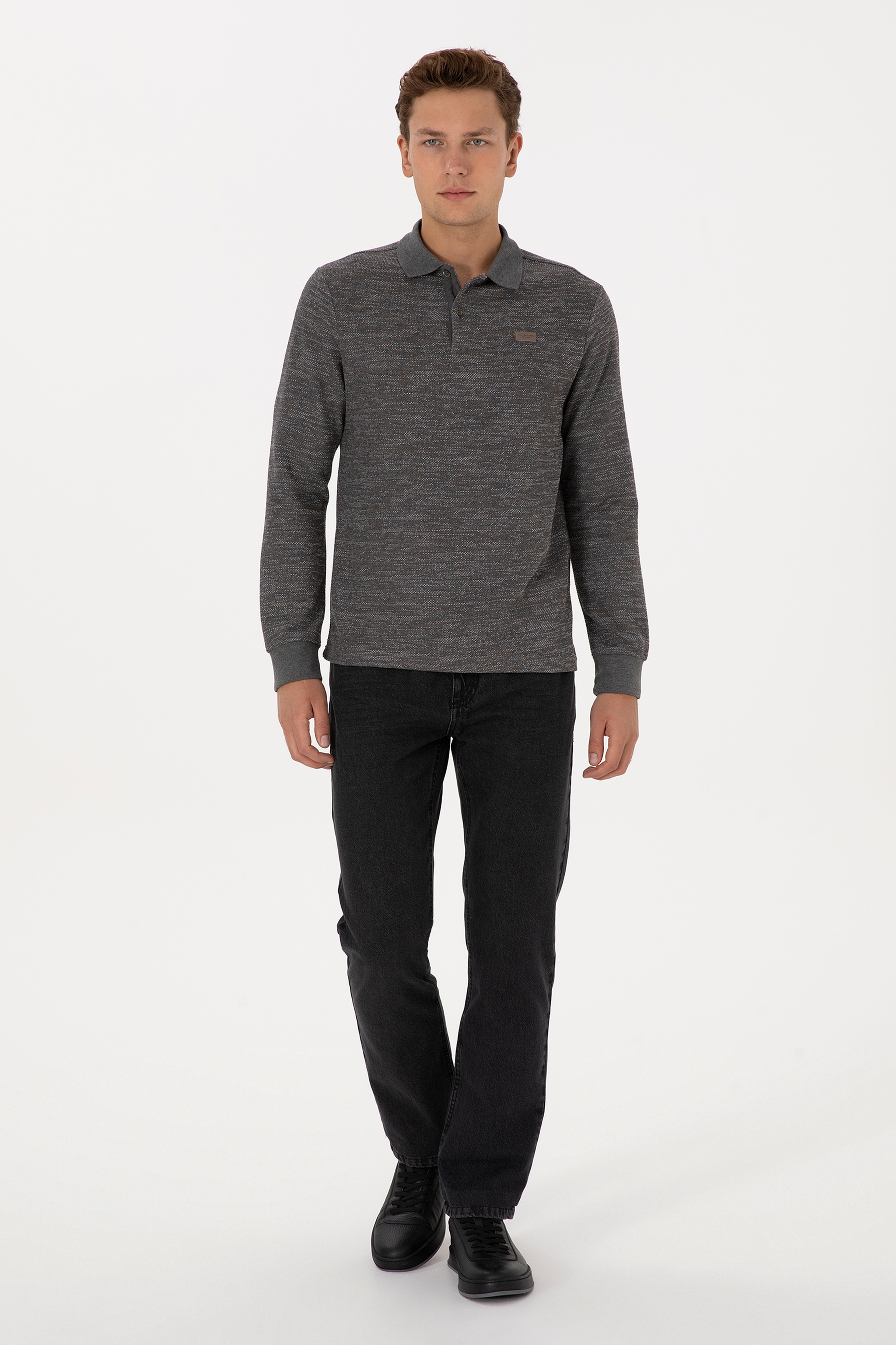 Erkek Regular Fit Polo Yaka Gri Melanj Basic Sweatshirt