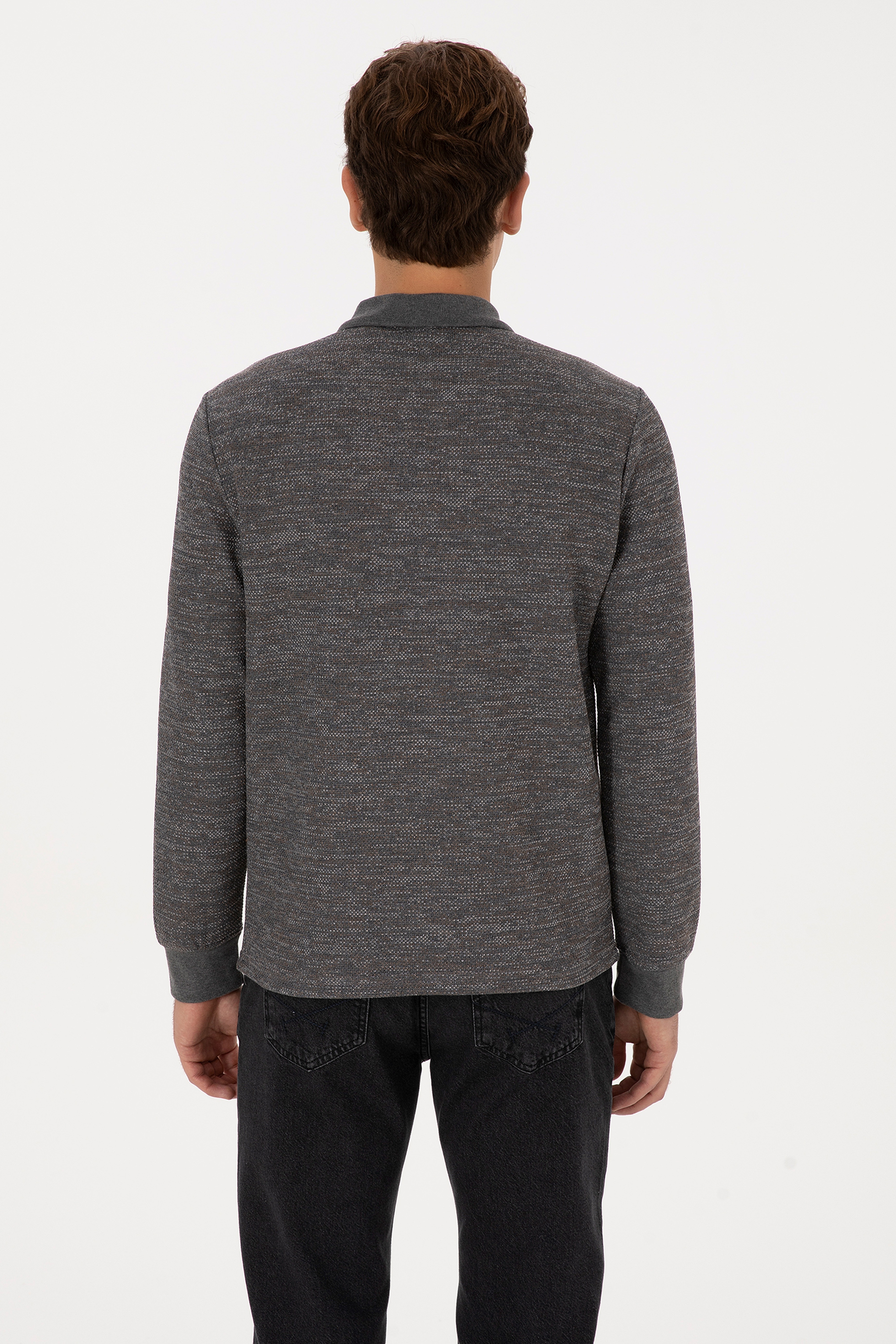 Erkek Regular Fit Polo Yaka Gri Melanj Basic Sweatshirt - Image 5