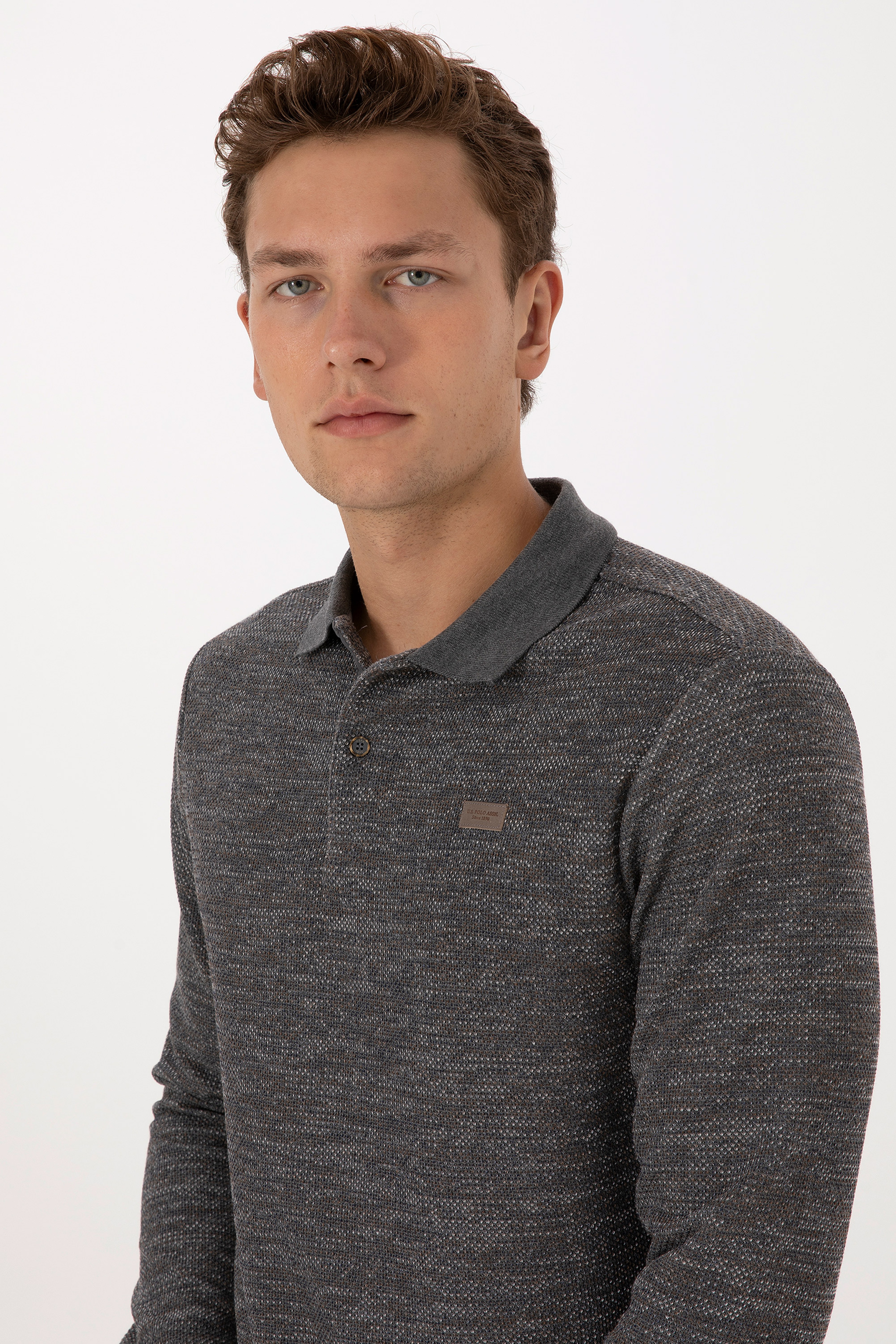 Erkek Regular Fit Polo Yaka Gri Melanj Basic Sweatshirt - Image 2