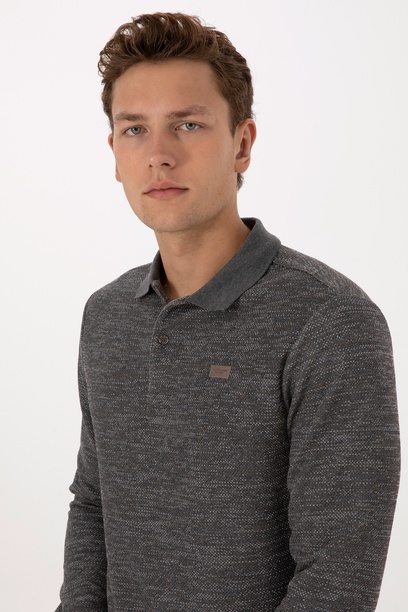 Erkek Regular Fit Polo Yaka Gri Melanj Basic Sweatshirt