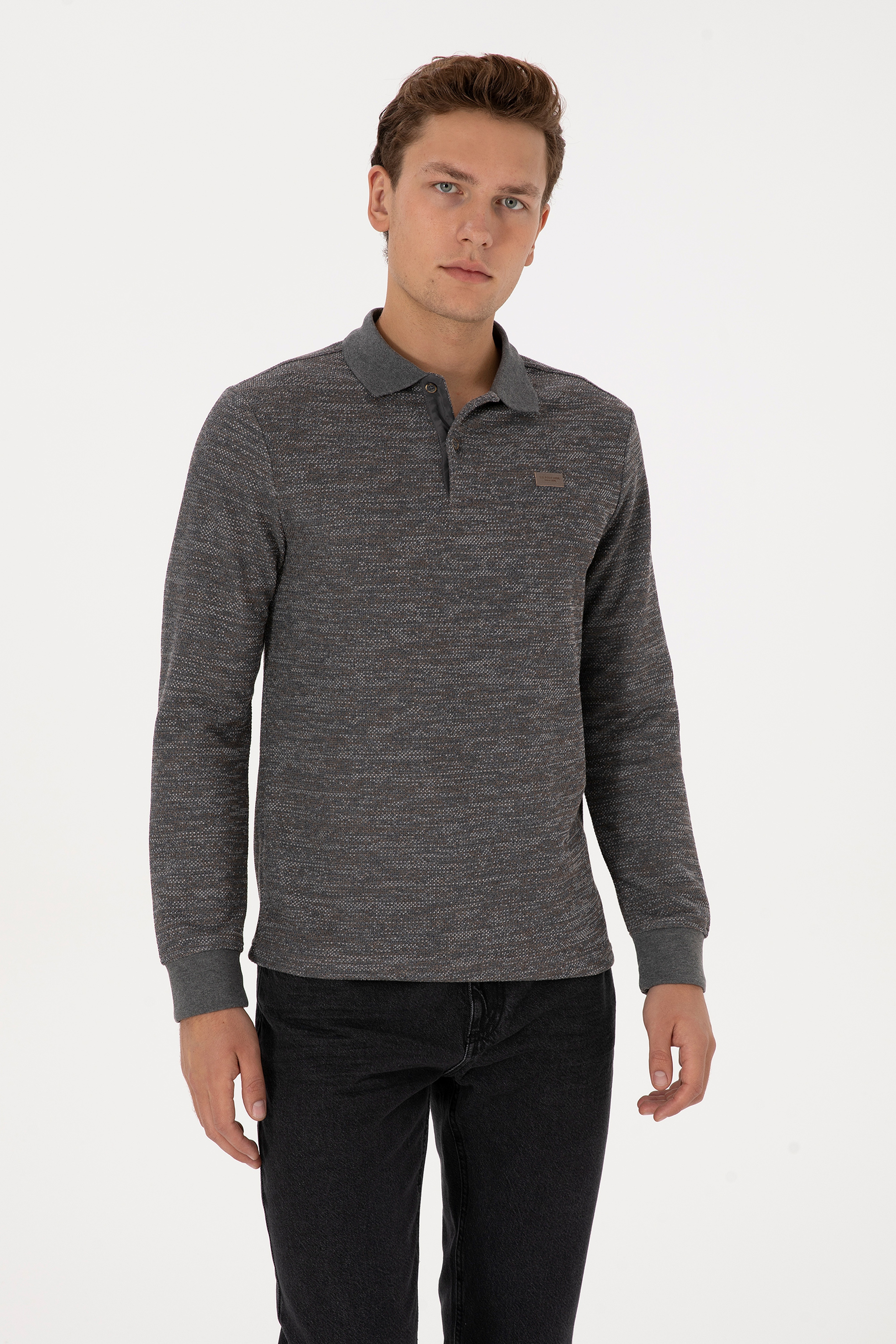 Erkek Regular Fit Polo Yaka Gri Melanj Basic Sweatshirt