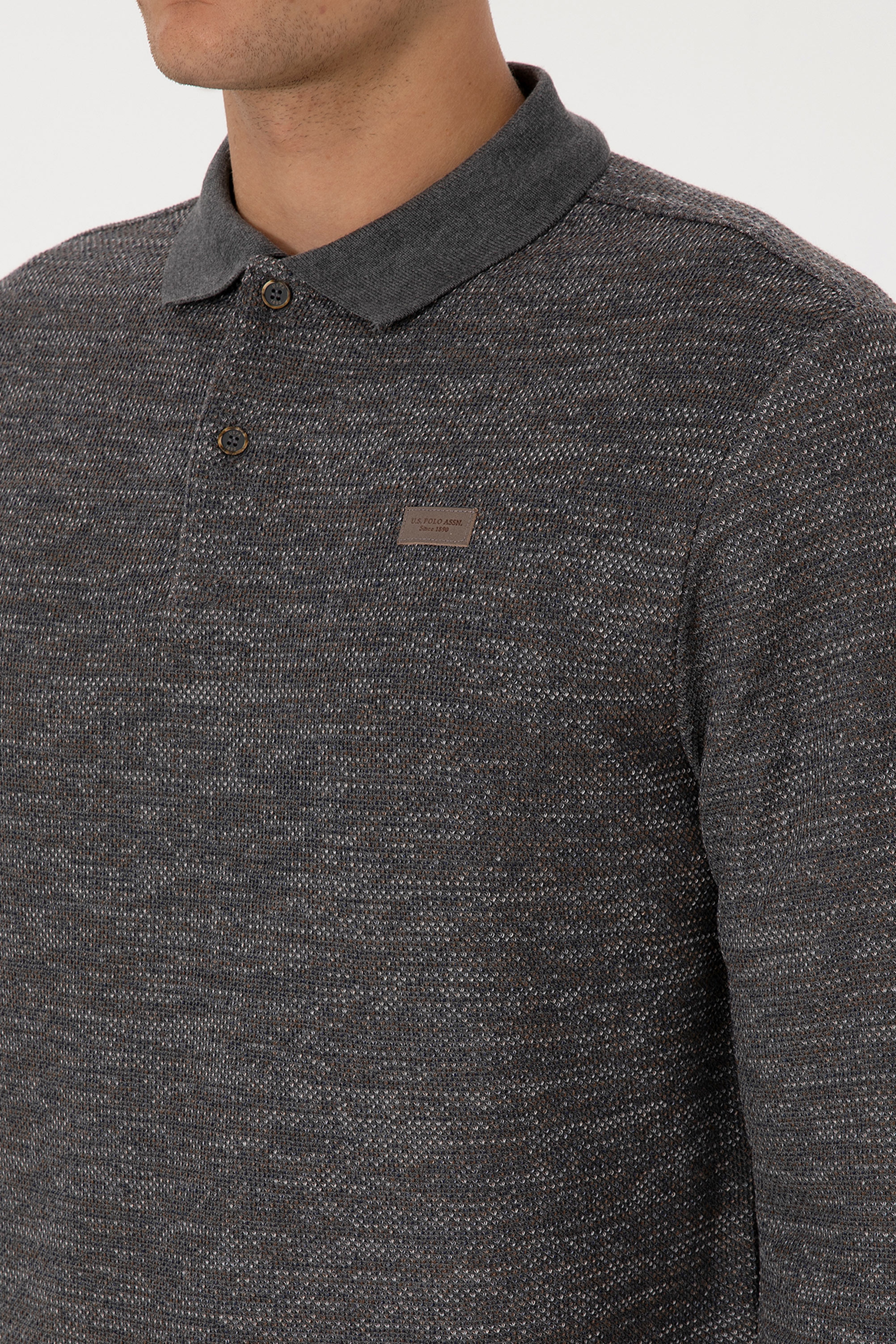 Erkek Regular Fit Polo Yaka Gri Melanj Basic Sweatshirt - Image 7