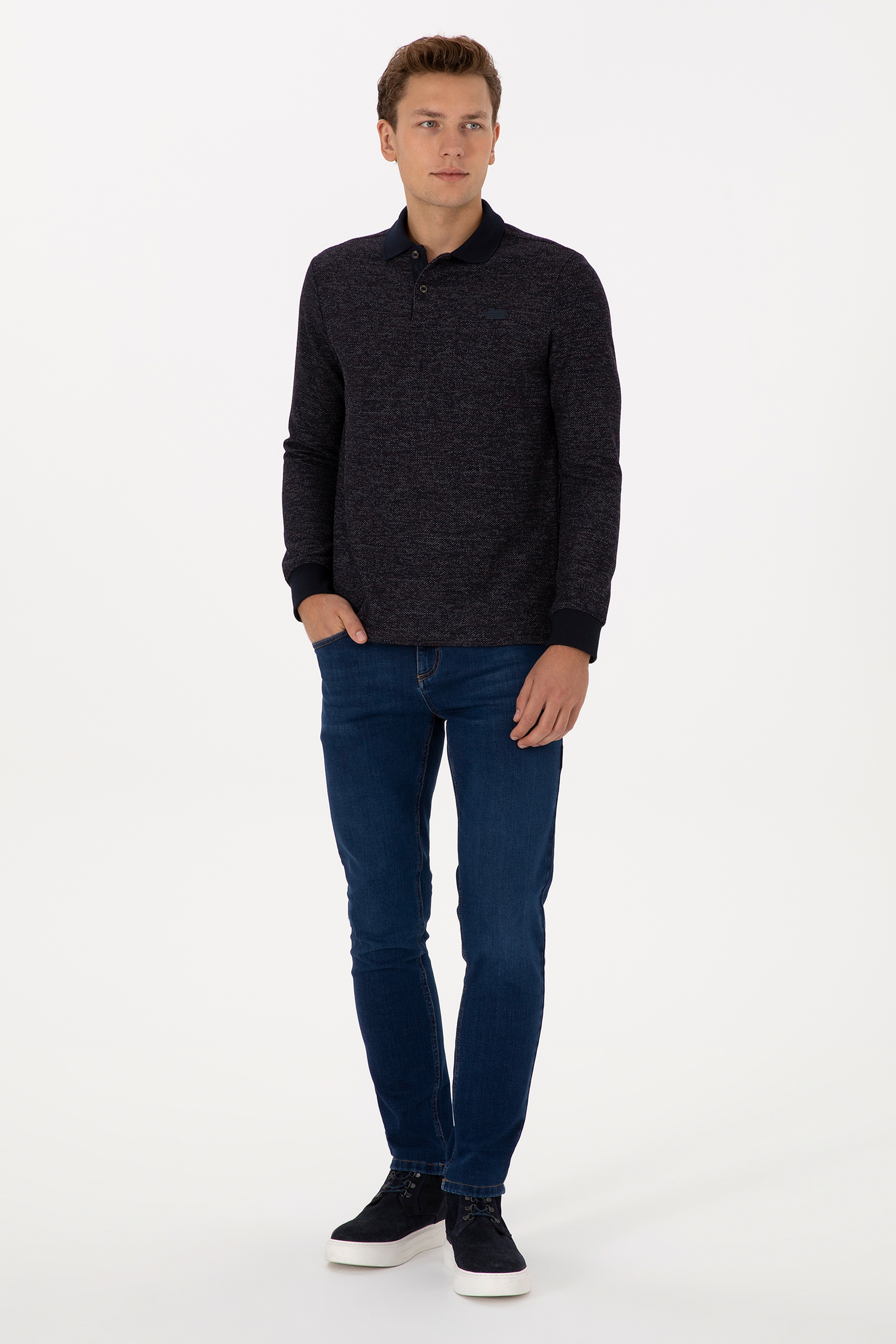 Erkek Regular Fit Polo Yaka Lacivert Basic Sweatshirt