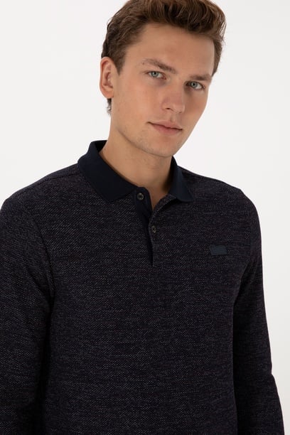 Erkek Regular Fit Polo Yaka Lacivert Basic Sweatshirt