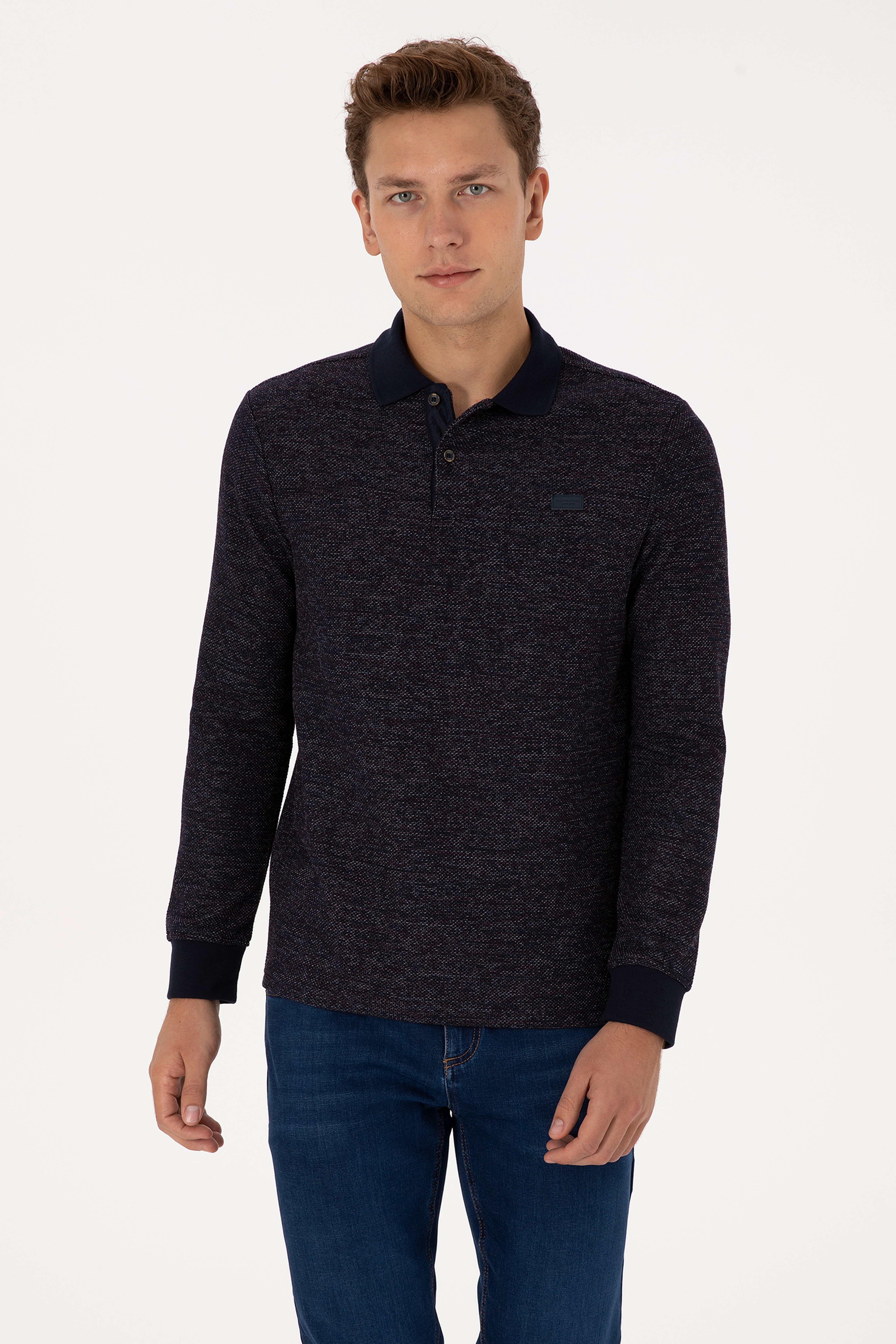 Erkek Regular Fit Polo Yaka Lacivert Basic Sweatshirt - Image 3
