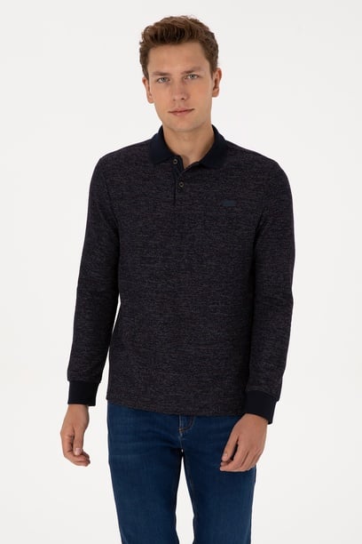 Erkek Regular Fit Polo Yaka Lacivert Basic Sweatshirt