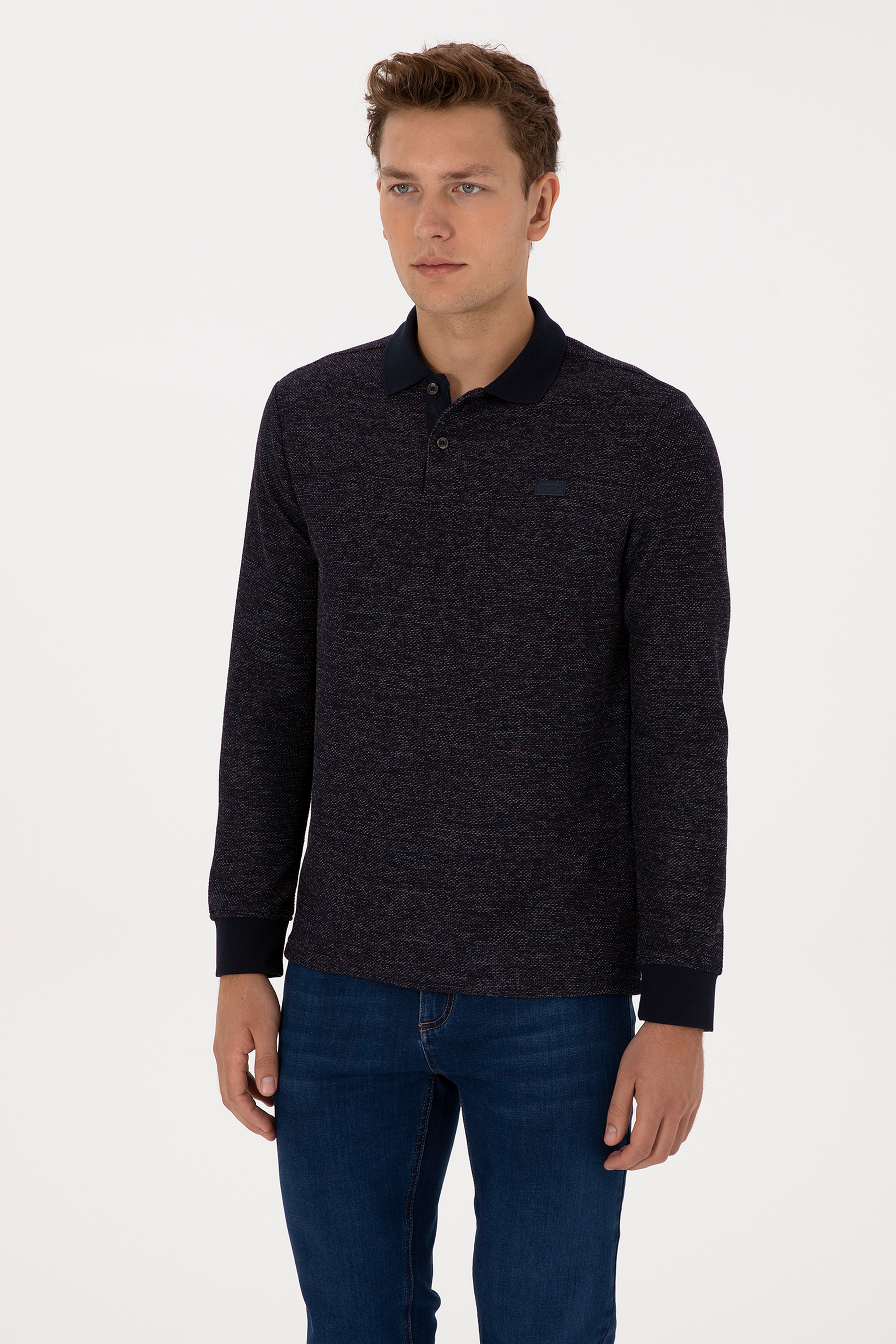 Erkek Regular Fit Polo Yaka Lacivert Basic Sweatshirt