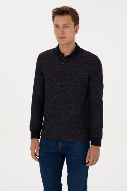 Erkek Regular Fit Polo Yaka Lacivert Basic Sweatshirt