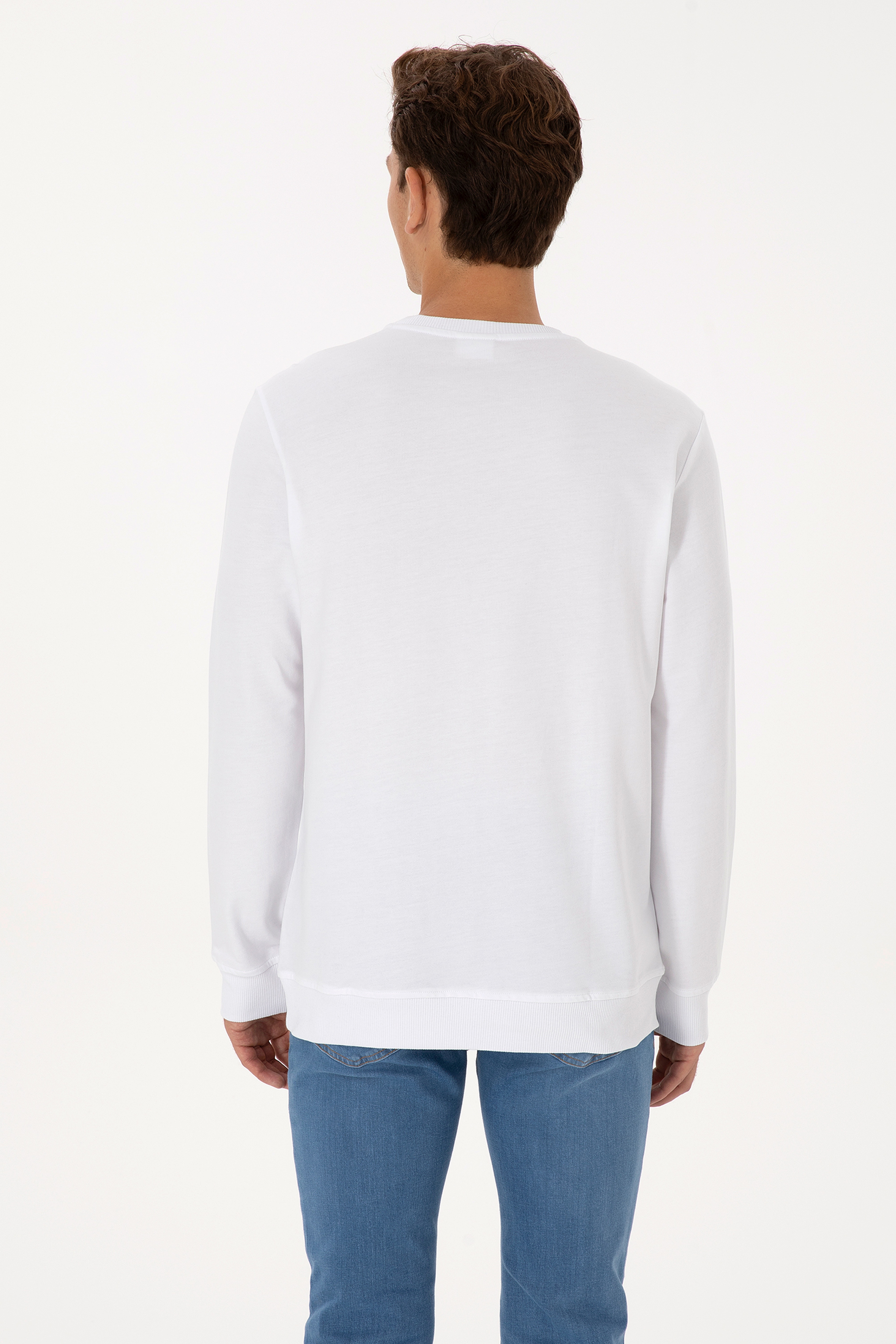 Erkek Regular Fit Bisiklet Yaka Beyaz Basic Sweatshirt