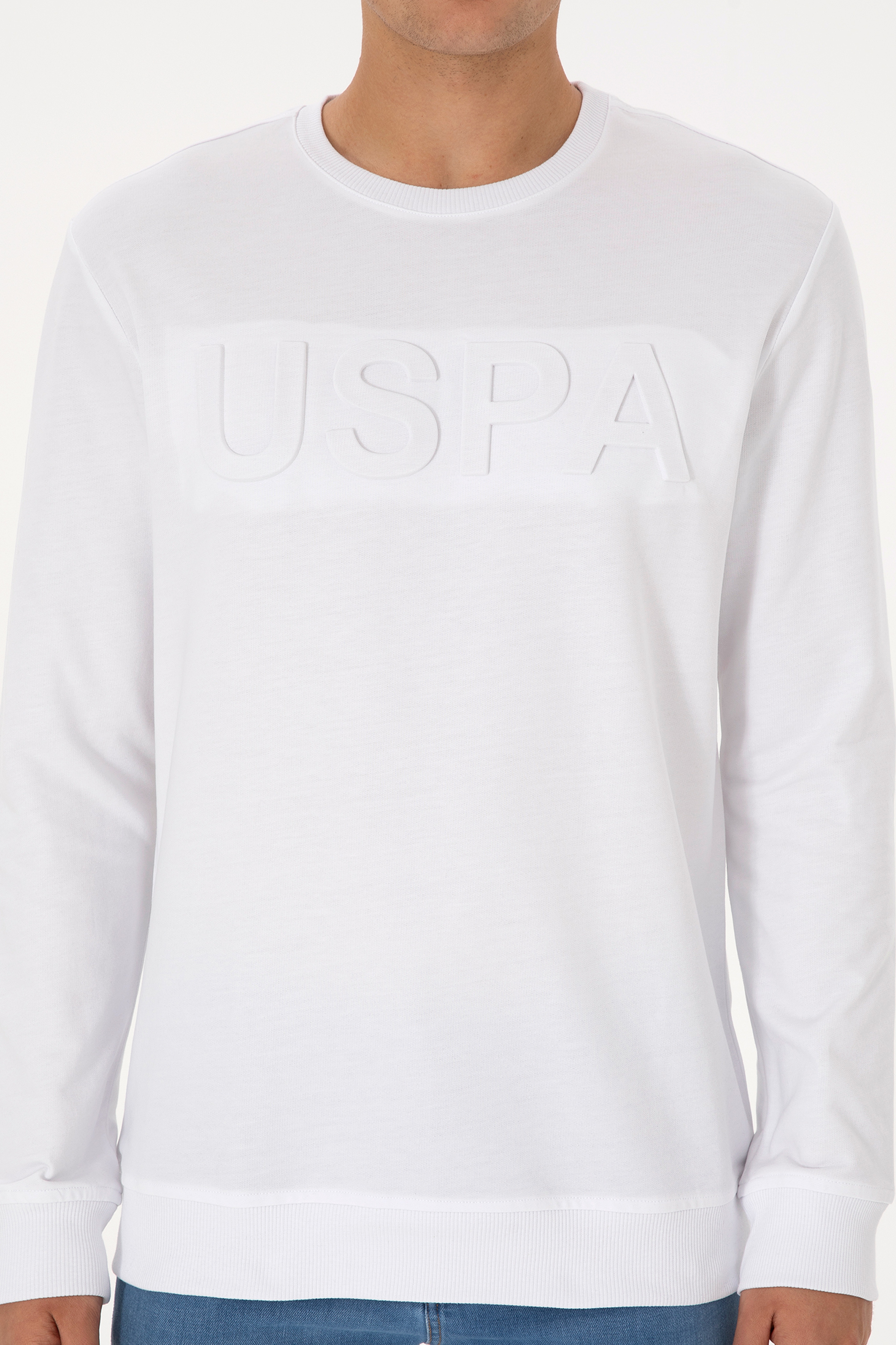 Erkek Regular Fit Bisiklet Yaka Beyaz Basic Sweatshirt