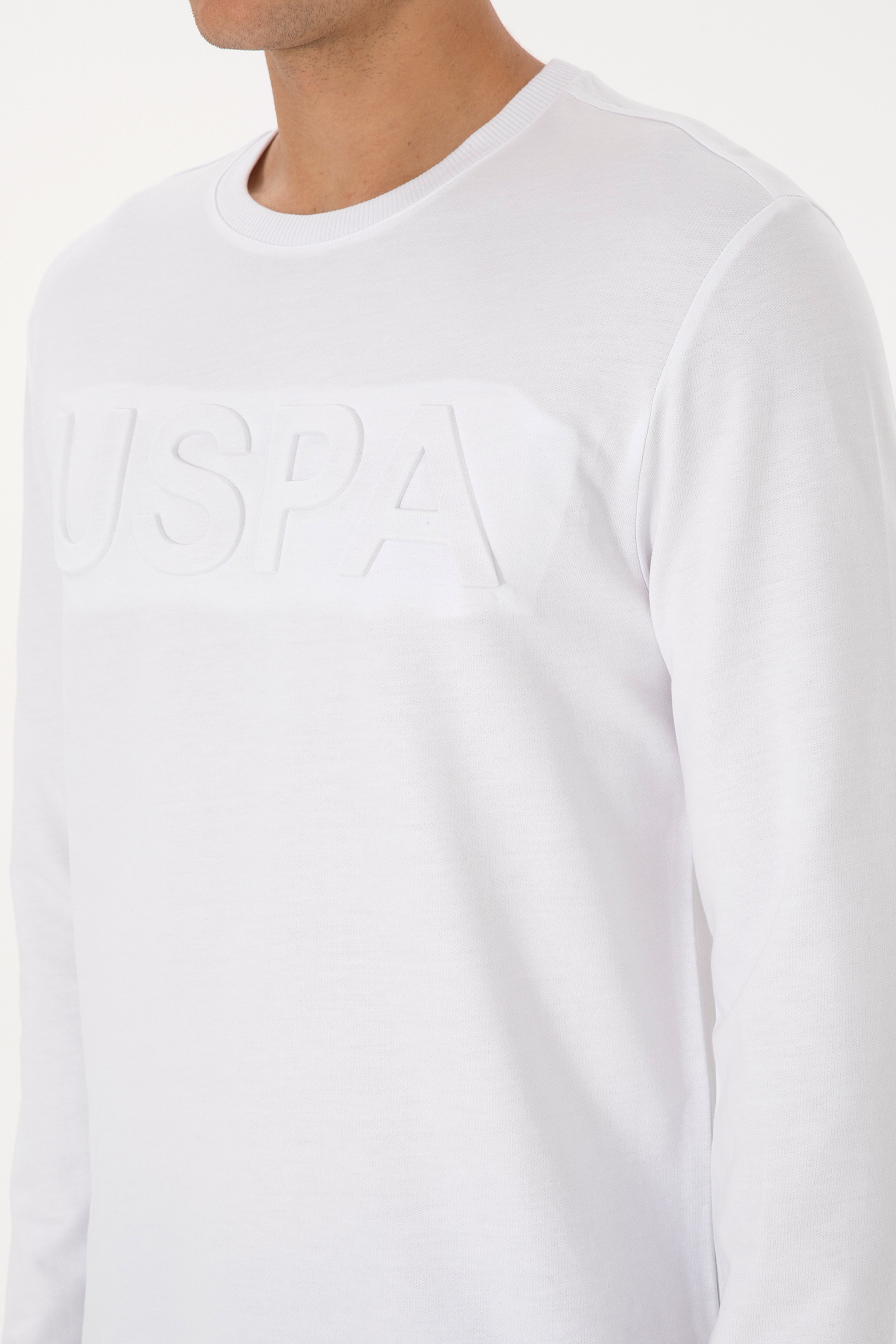 Erkek Regular Fit Bisiklet Yaka Beyaz Basic Sweatshirt - Image 7